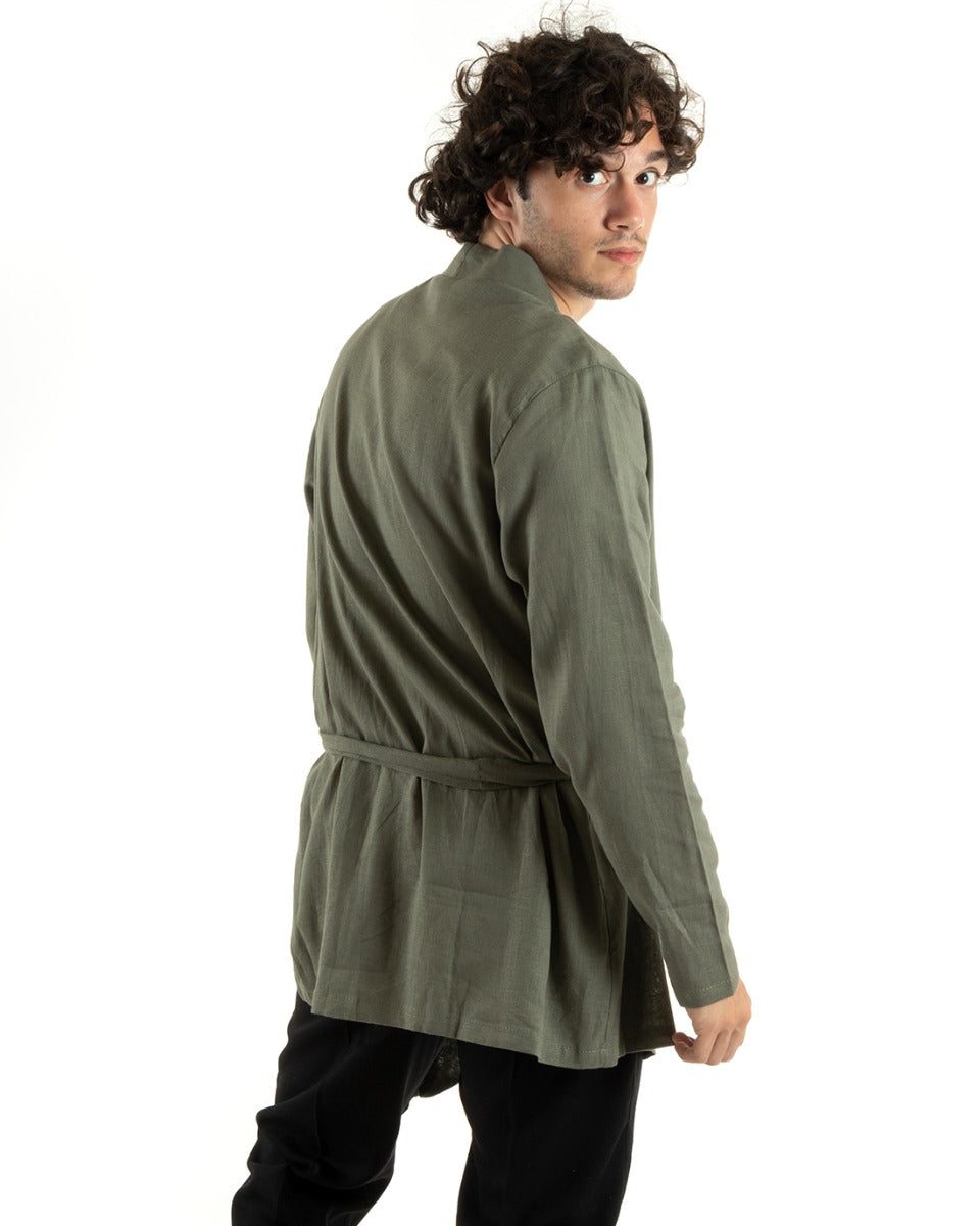 Men's Cardigan Knitted Linen Kimono Sweater With Belt Solid Color Green GIOSAL-M2659A