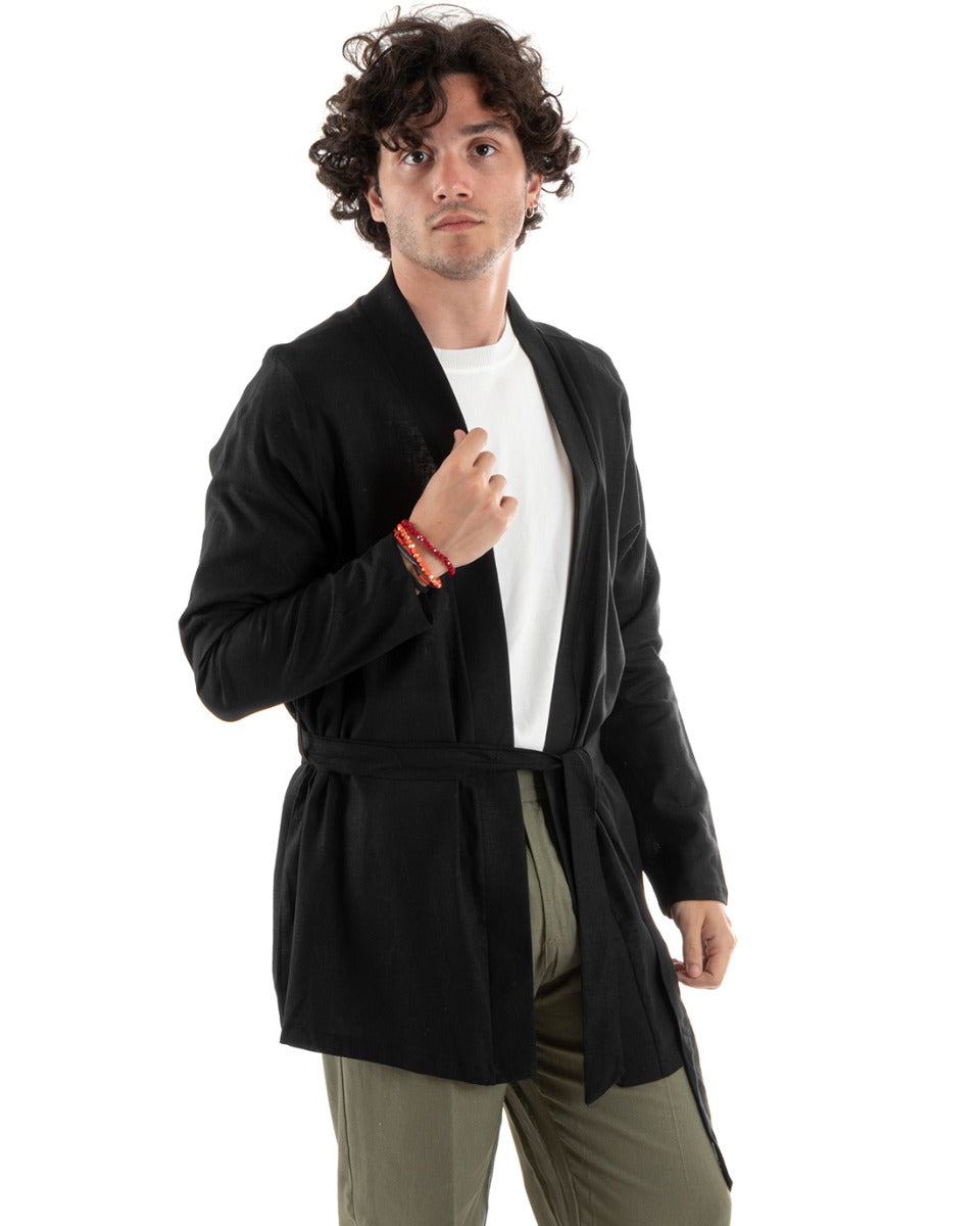 Men's Cardigan Knitted Linen Kimono Sweater With Belt Solid Color Black GIOSAL-M2660A