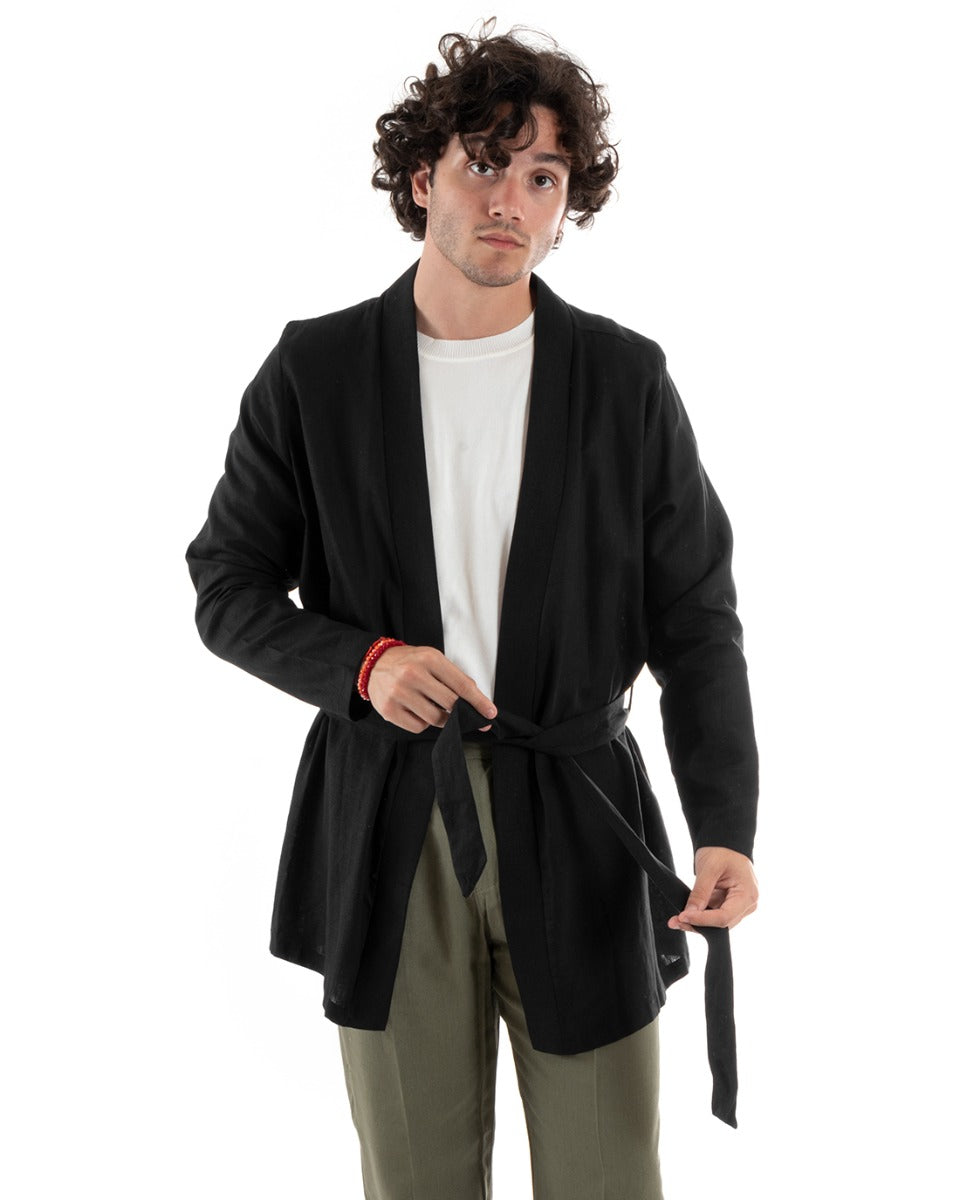 Men's Cardigan Knitted Linen Kimono Sweater With Belt Solid Color Black GIOSAL-M2660A