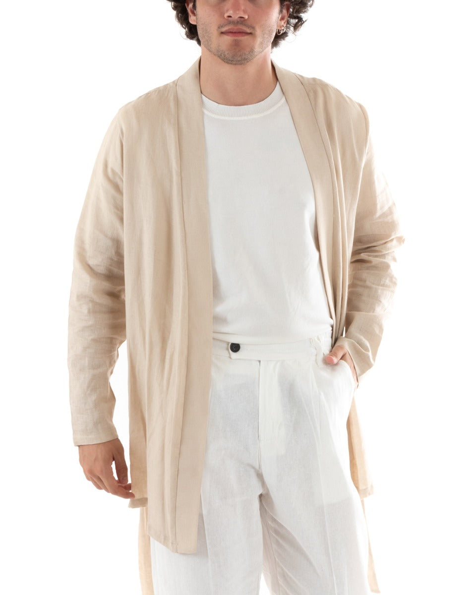 Men's Cardigan Knitted Linen Kimono Sweater With Belt Solid Color Beige GIOSAL-M2661A
