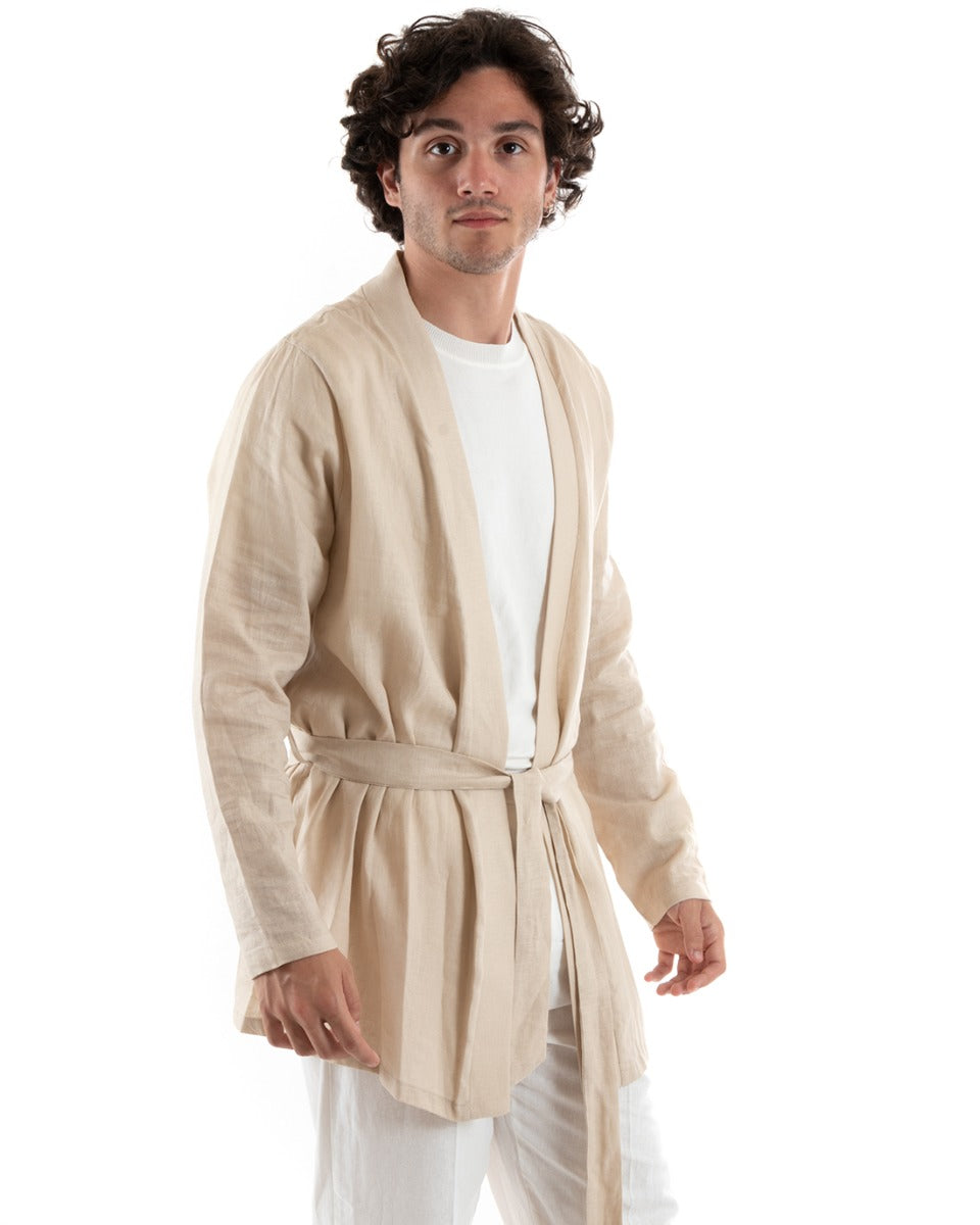 Men's Cardigan Knitted Linen Kimono Sweater With Belt Solid Color Beige GIOSAL-M2661A