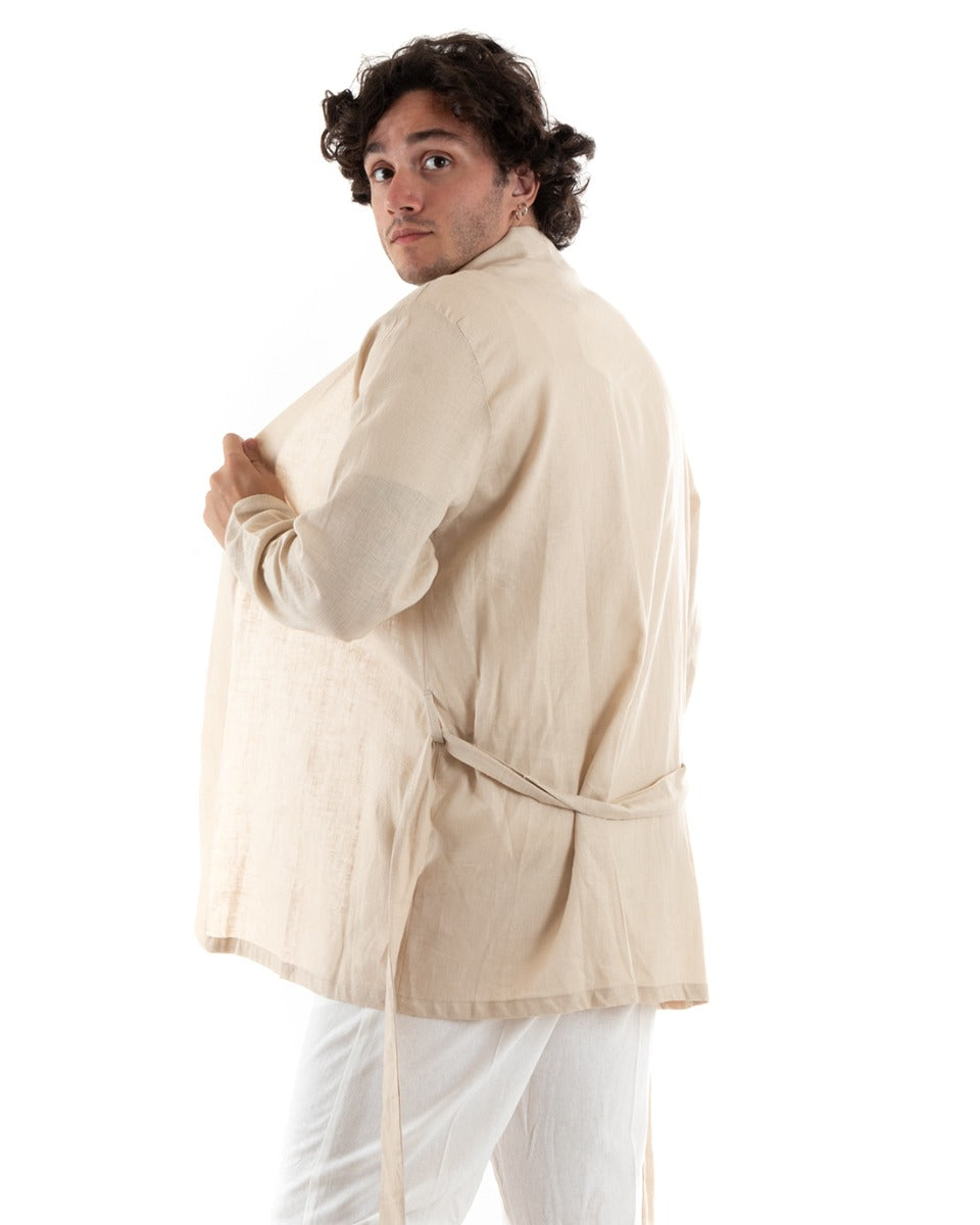 Men's Cardigan Knitted Linen Kimono Sweater With Belt Solid Color Beige GIOSAL-M2661A