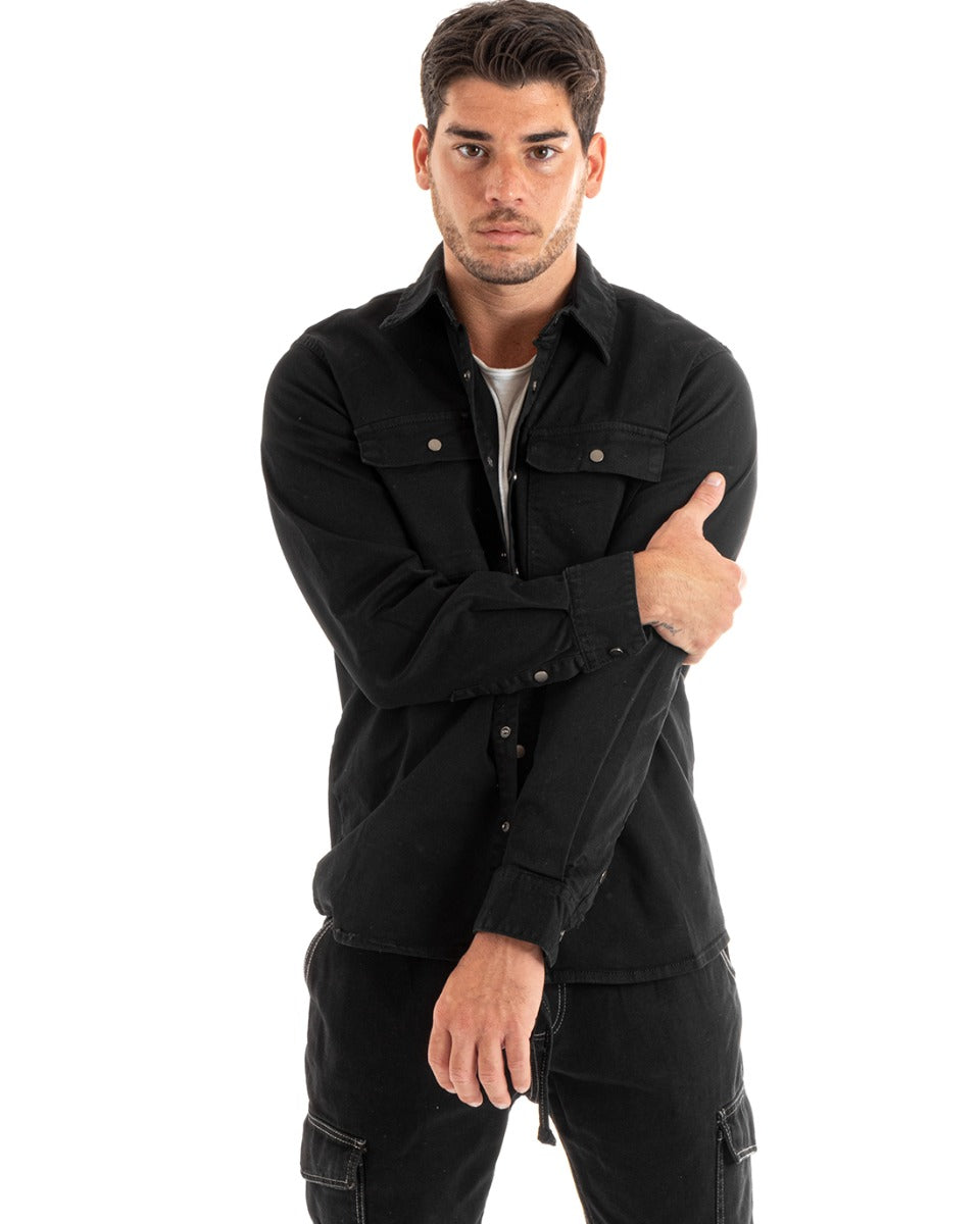 Men's Jacket Jeans Jacket Collar Long Sleeves Front Pockets Black GIOSAL-G3077A