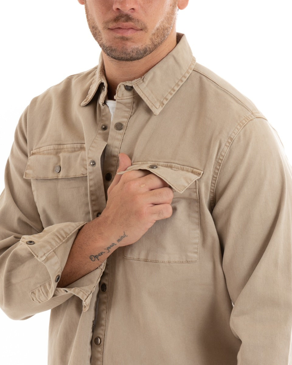 Men's Jacket Jeans Jacket Collar Long Sleeves Front Pockets Beige GIOSAL-G3079A