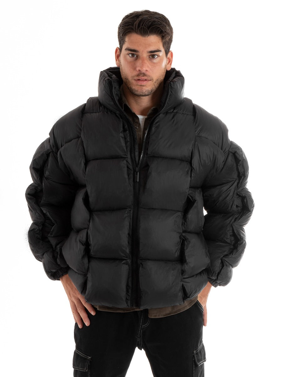 Men's Padded Bomber Jacket with Woven Bands Solid Black Casual GIOSAL-G3081A