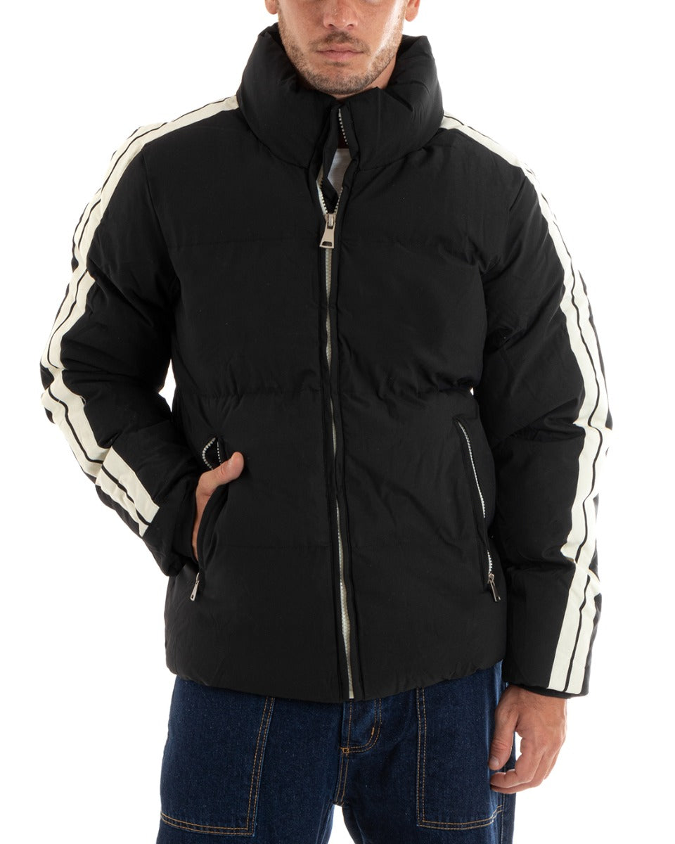 Men's Padded Bomber Jacket with Bands Along the Sleeves Solid Color Casual Black GIOSAL-G3084A