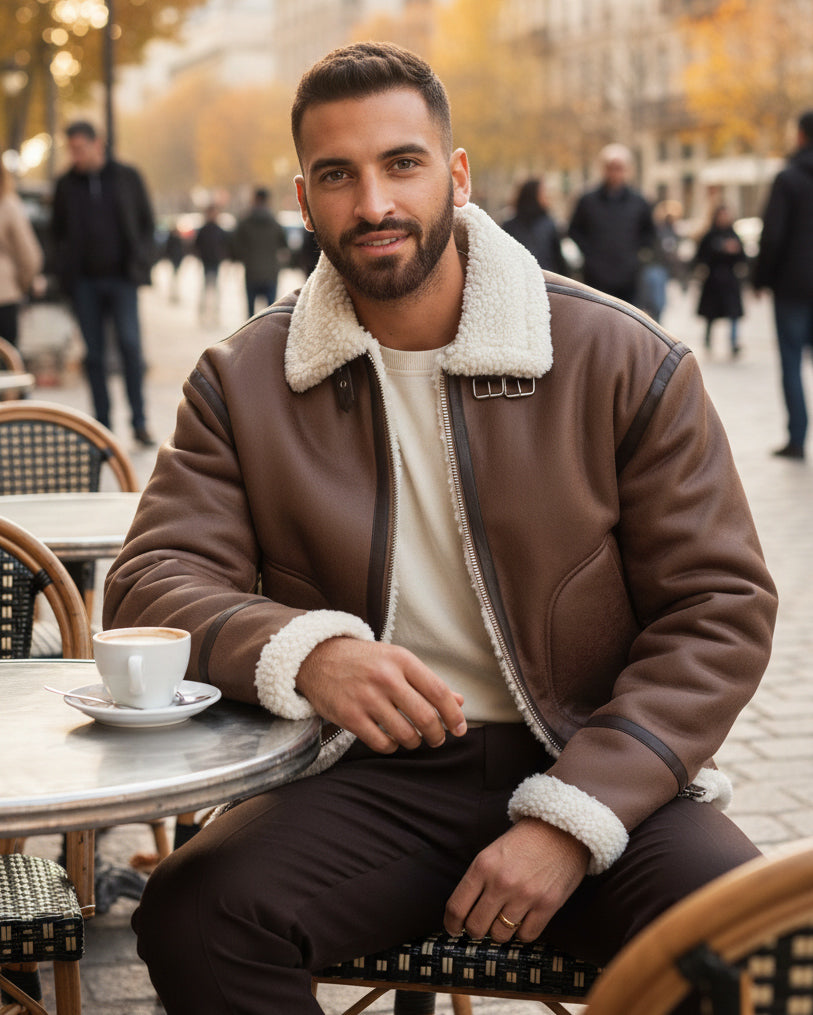 Giubbotto Uomo Montone Ecopelle Giacca College Pelliccia Marrone G3357A