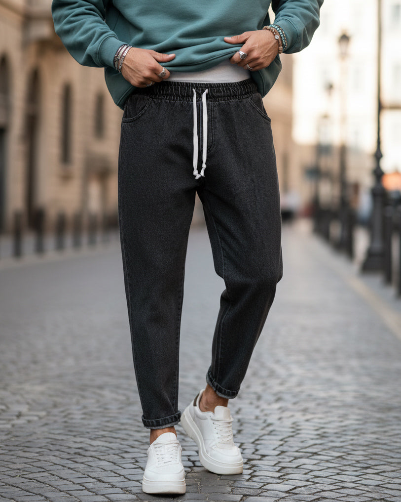 Pantaloni Jeans Uomo Con Elastico Loose Fit Pantalaccio Basic Semplice Casual Denim Nero GIOSAL-JS1047A