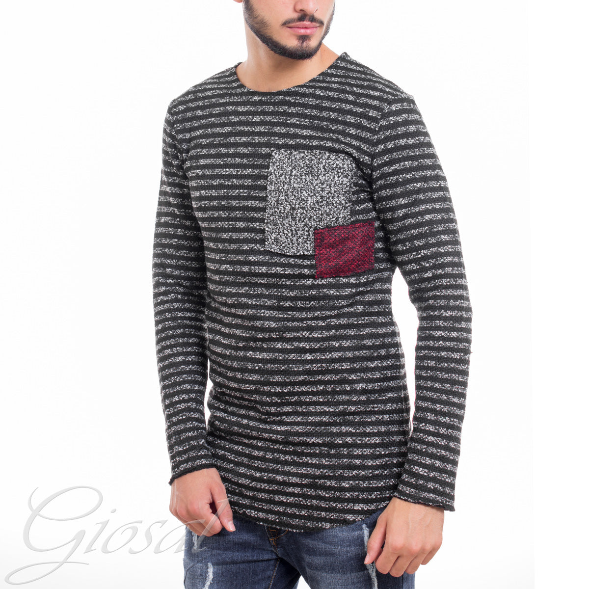 Men's Striped Pullover Sweater Striped Patches Two Colors Slim Casual GIOSAL