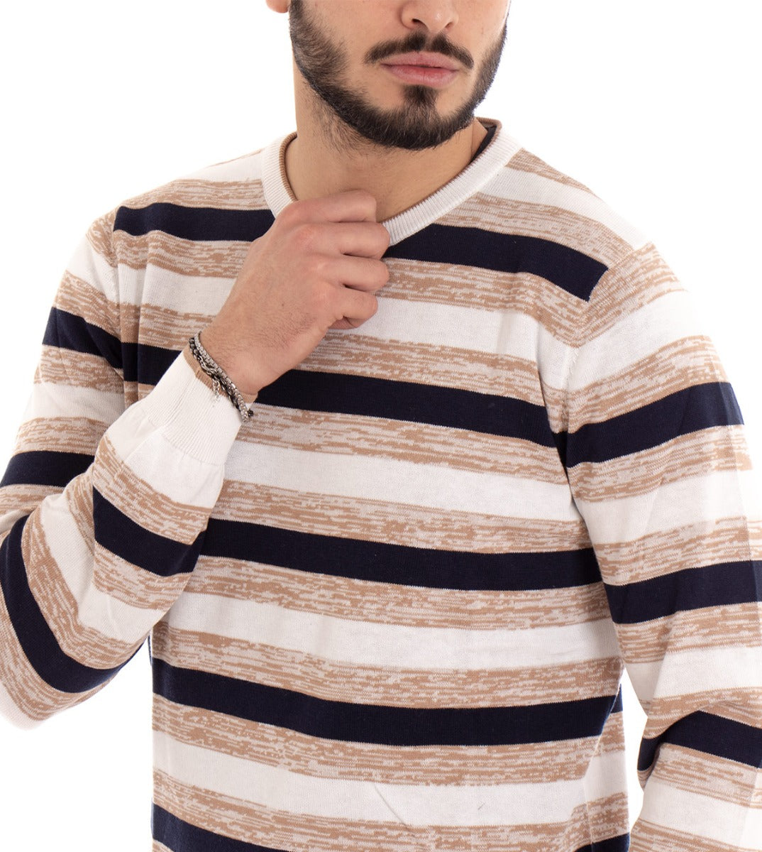 Men's Crew Neck Sweater Slim Beige Striped Sweater GIOSAL