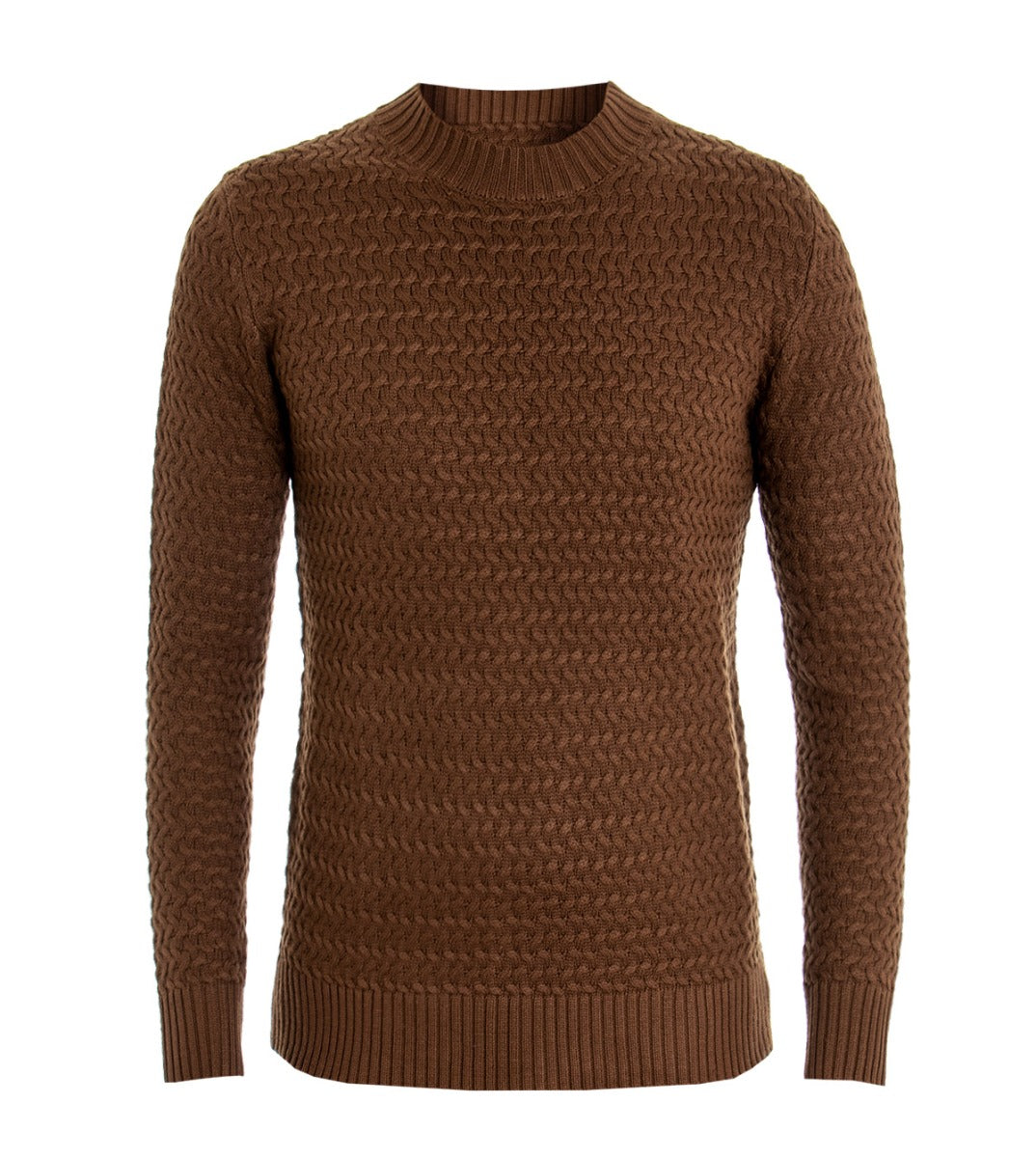 Men's Crew Neck Sweater Camel Woven Patterned Sweater Casual Long Sleeves GIOSAL