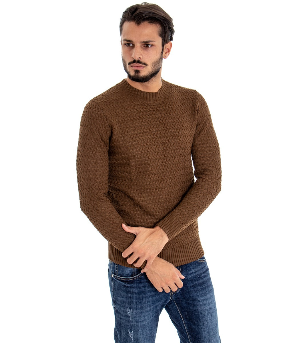 Men's Crew Neck Sweater Camel Woven Patterned Sweater Casual Long Sleeves GIOSAL