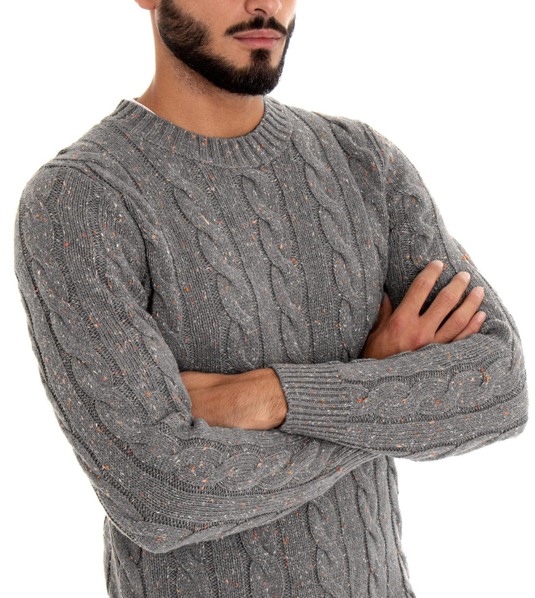 Men's Sweater with Mélange Braid Texture Crew-neck Sweater Light Gray Pullover GIOSAL