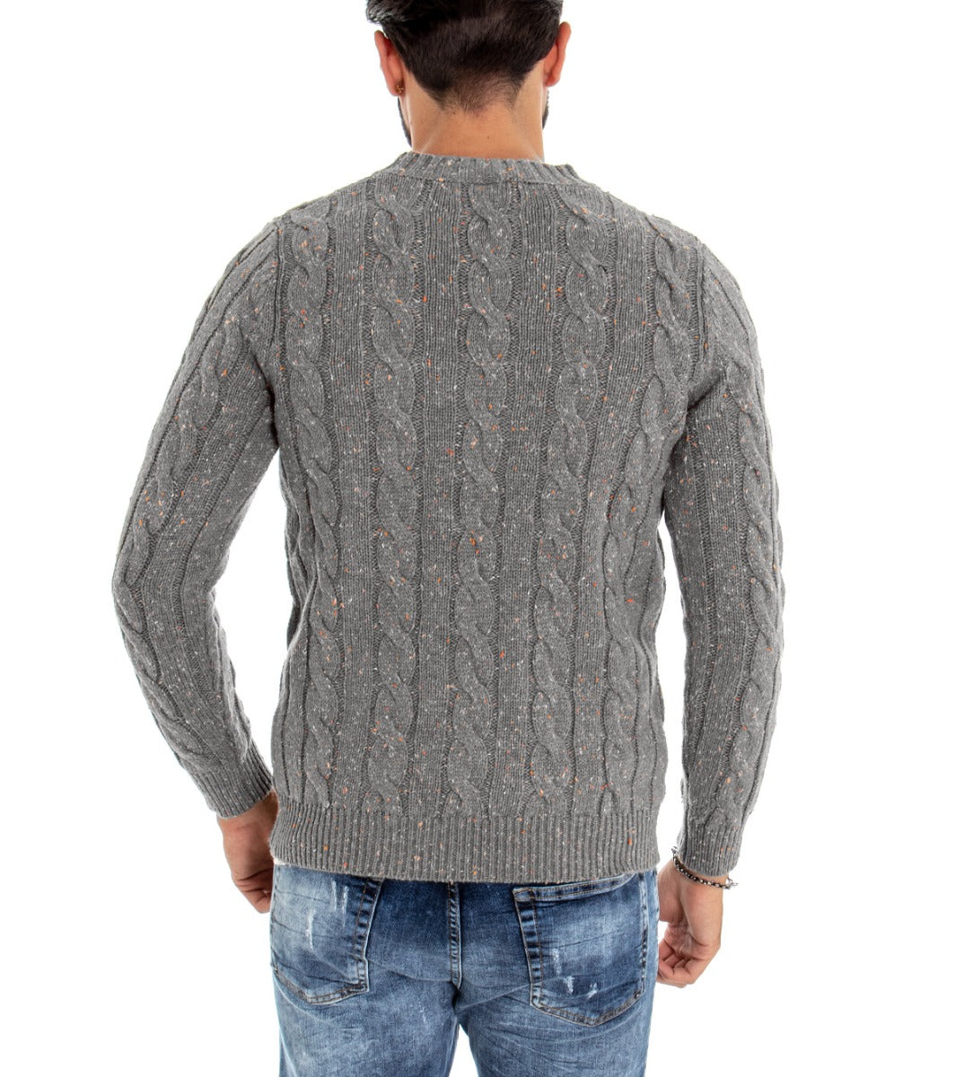 Men's Sweater with Mélange Braid Texture Crew-neck Sweater Light Gray Pullover GIOSAL