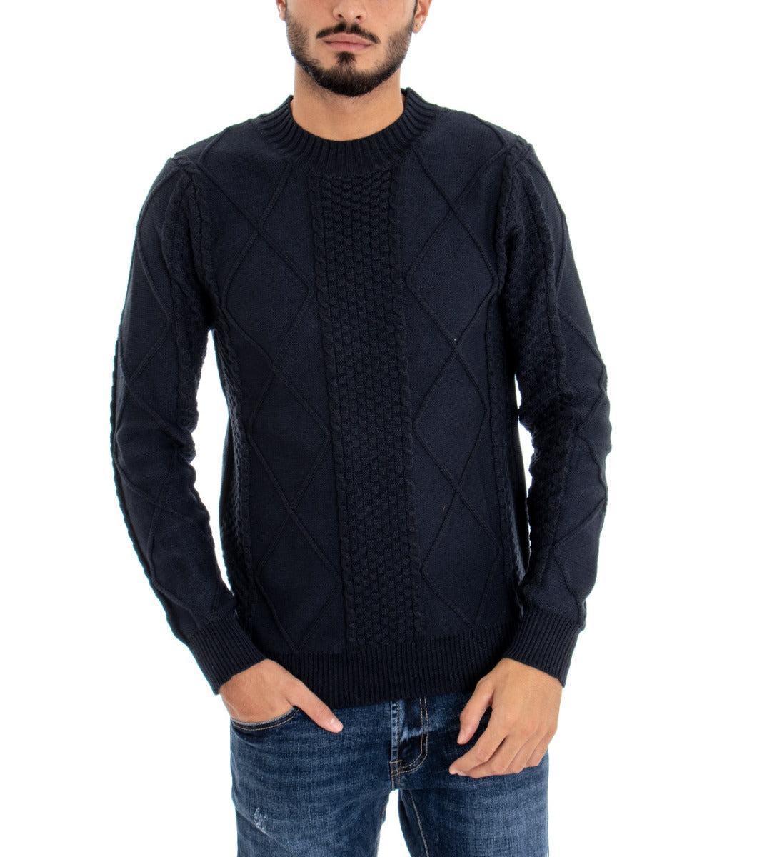 Men's Crew Neck Sweater Diamond Pattern Blue Pullover Woven Texture GIOSAL