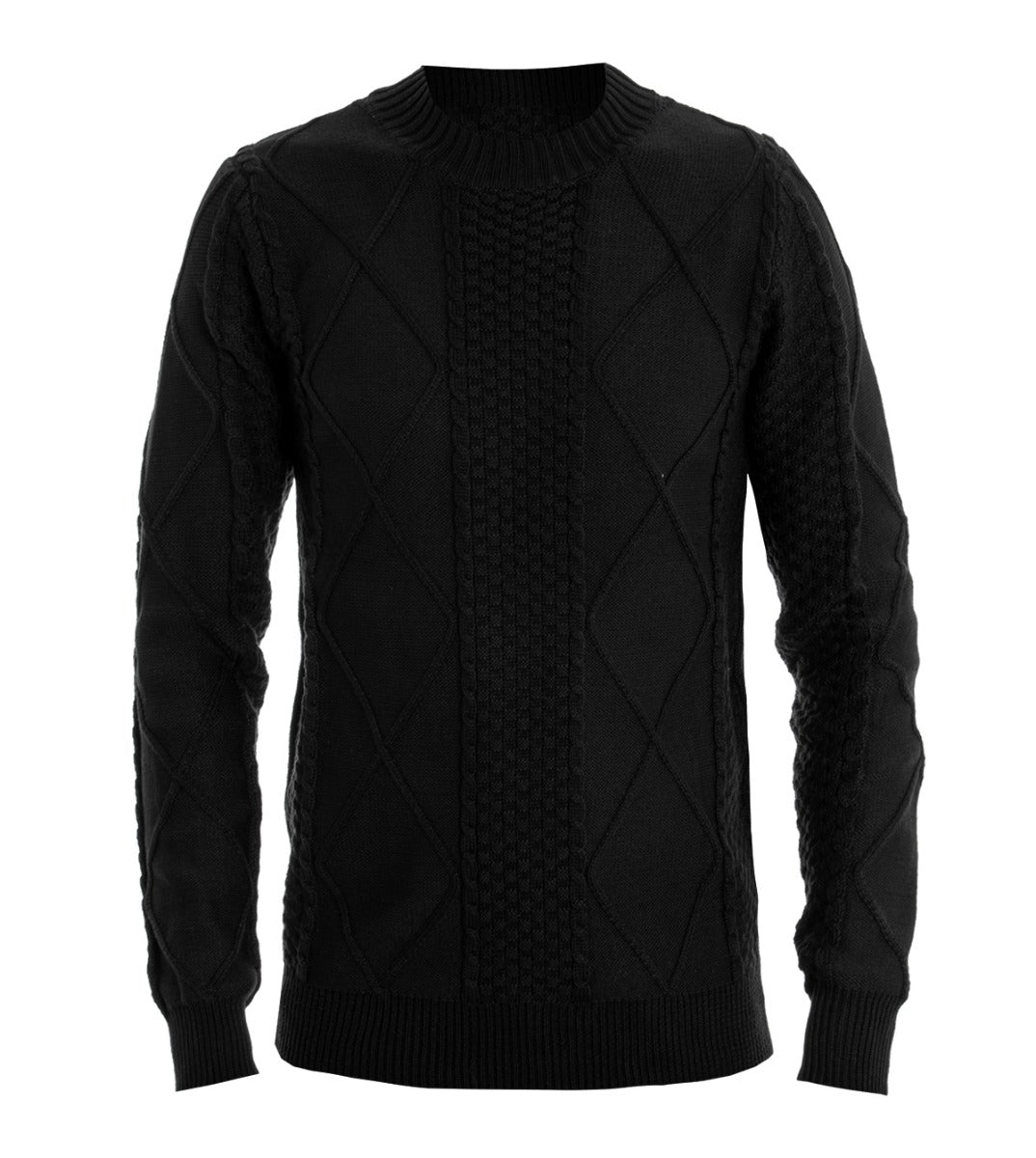 Men's Crew Neck Sweater Diamond Pattern Black Pullover Woven Texture GIOSAL