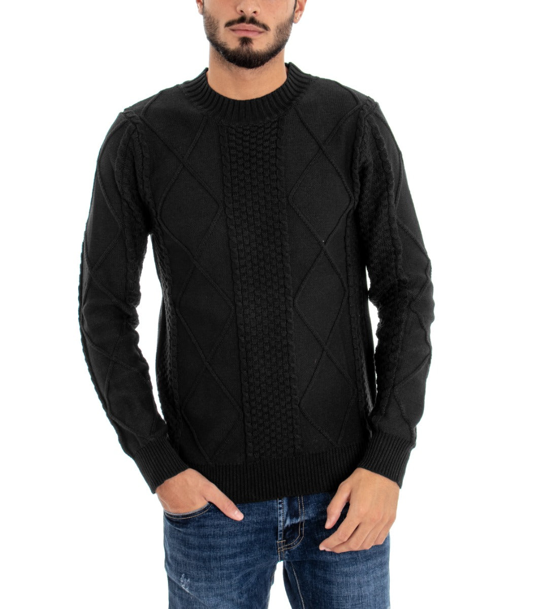 Men's Crew Neck Sweater Diamond Pattern Black Pullover Woven Texture GIOSAL