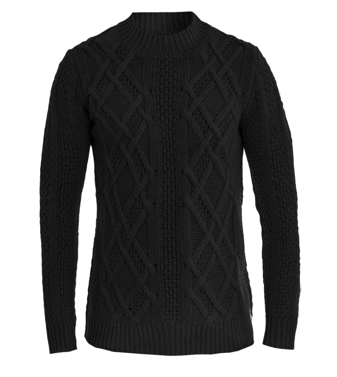 Men's Pullover Black Sweater Woven Texture Braids Pattern Crewneck Sweater GIOSAL