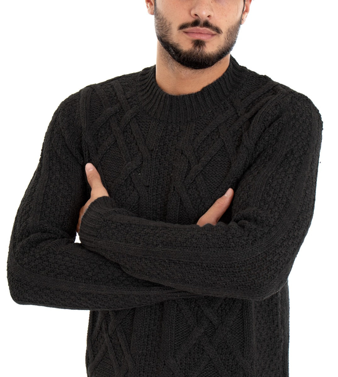 Men's Pullover Black Sweater Woven Texture Braids Pattern Crewneck Sweater GIOSAL