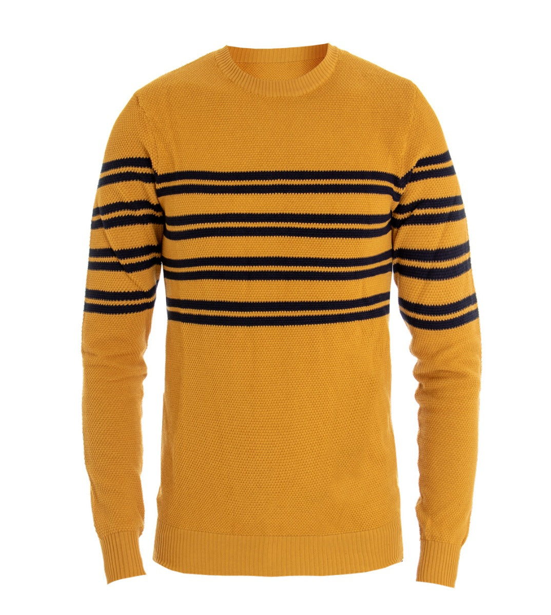 Men's Crew Neck Sweater Mustard Striped Sweater Long Sleeves Knitted Texture GIOSAL