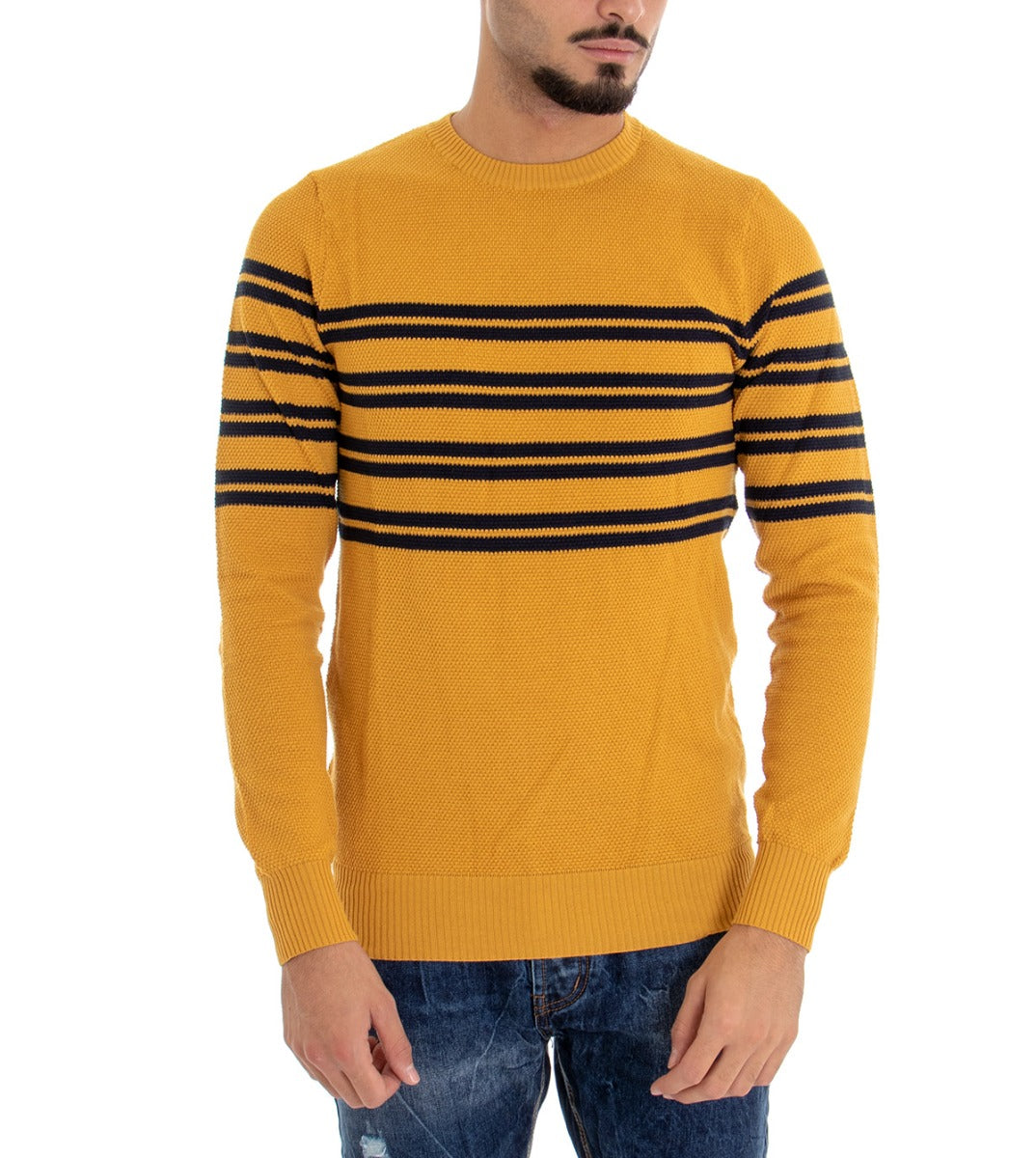 Men's Crew Neck Sweater Mustard Striped Sweater Long Sleeves Knitted Texture GIOSAL