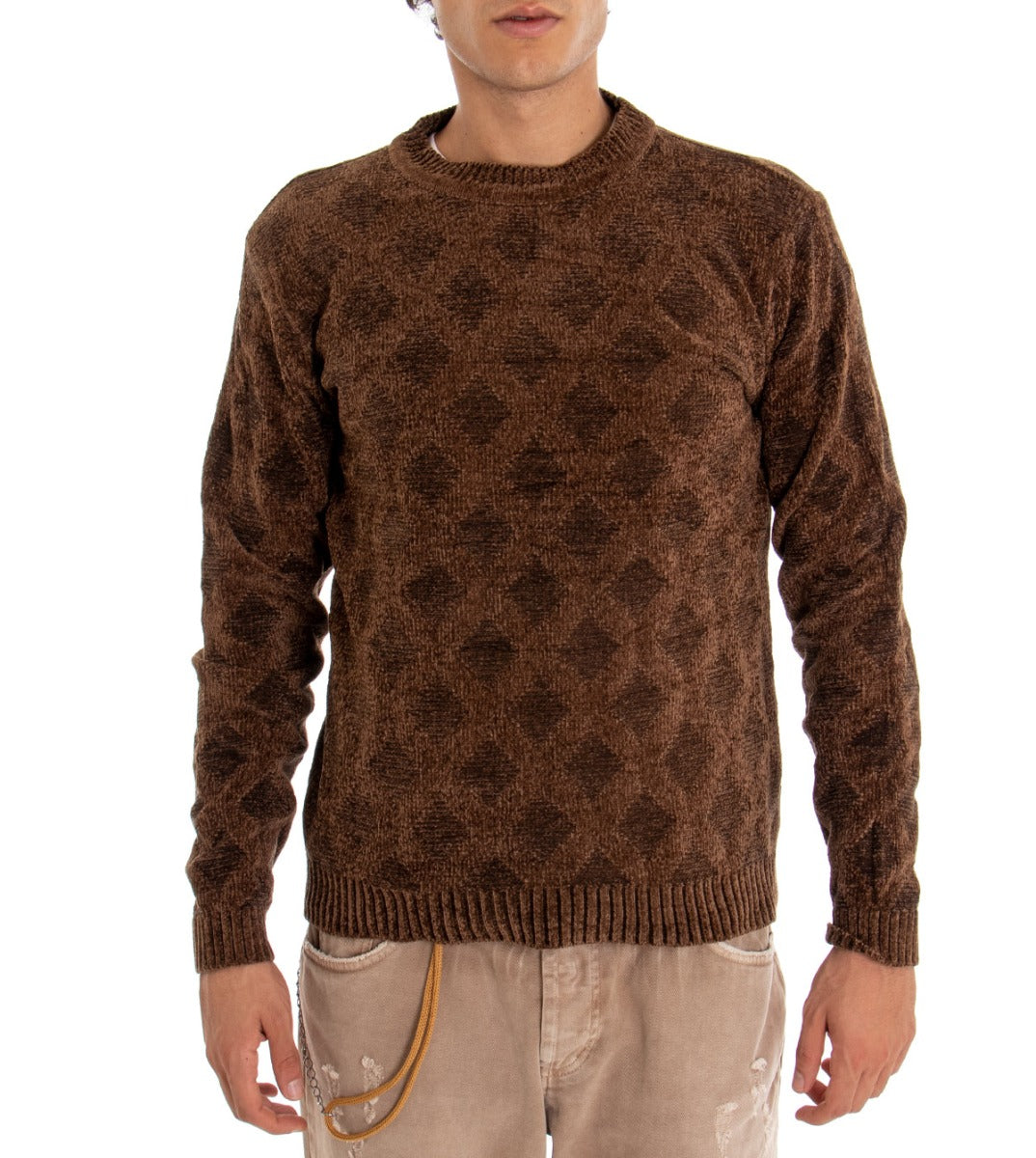 Men's Round Neck Sweater Solid Color Brown Diamonds Long Sleeves GIOSAL