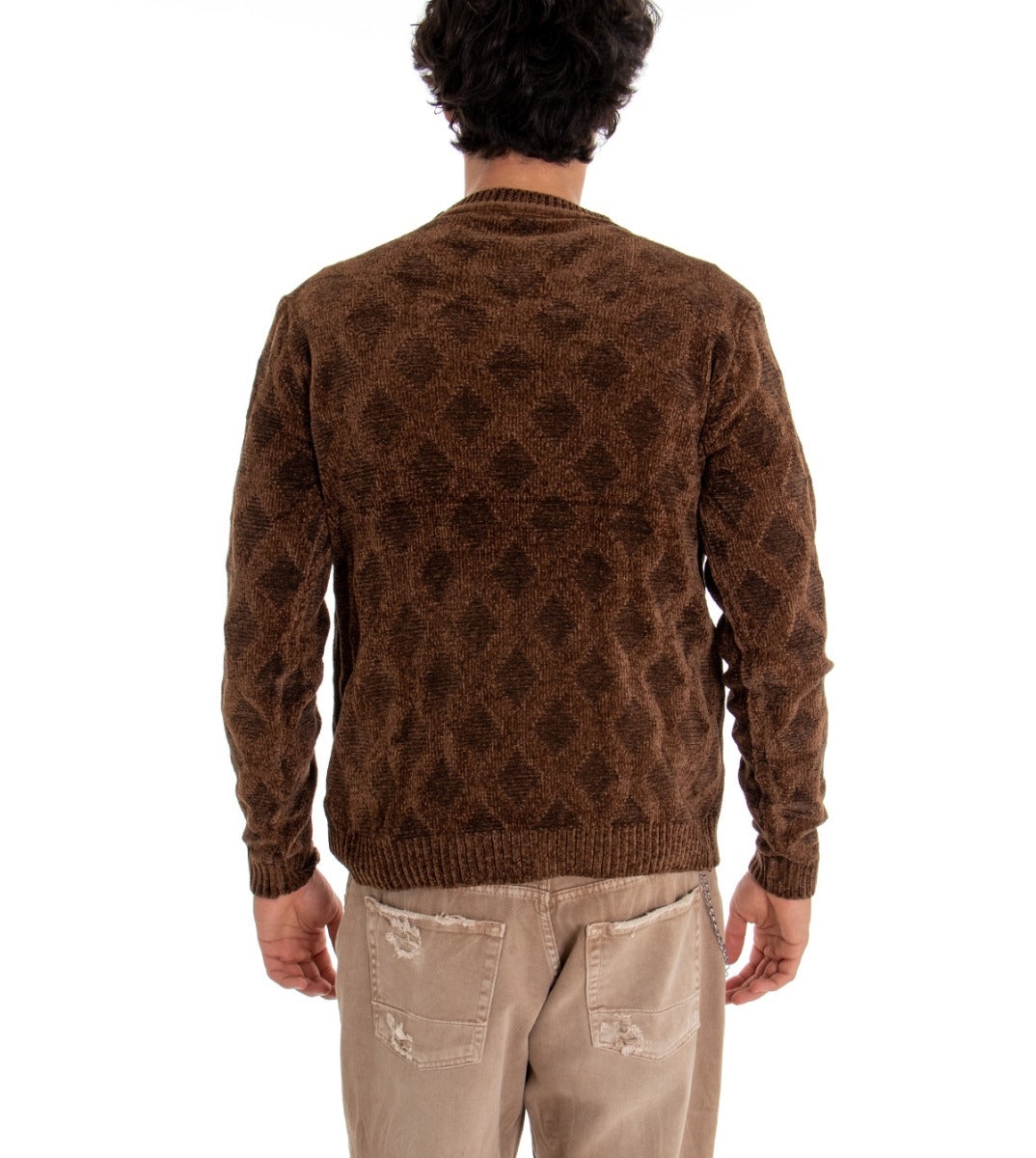 Men's Round Neck Sweater Solid Color Brown Diamonds Long Sleeves GIOSAL