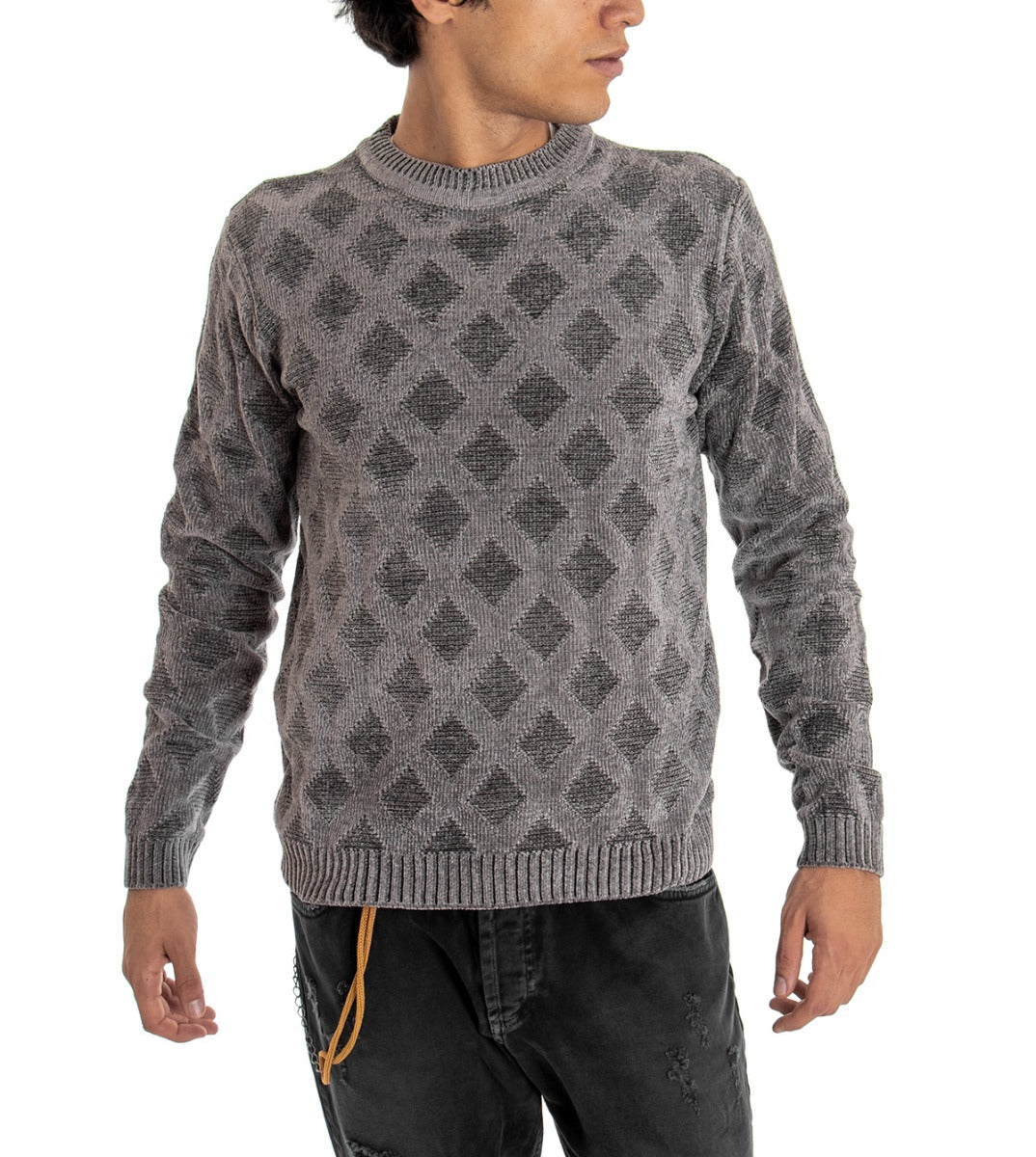 Men's Crew Neck Solid Color Gray Diamond Long Sleeve Sweater GIOSAL