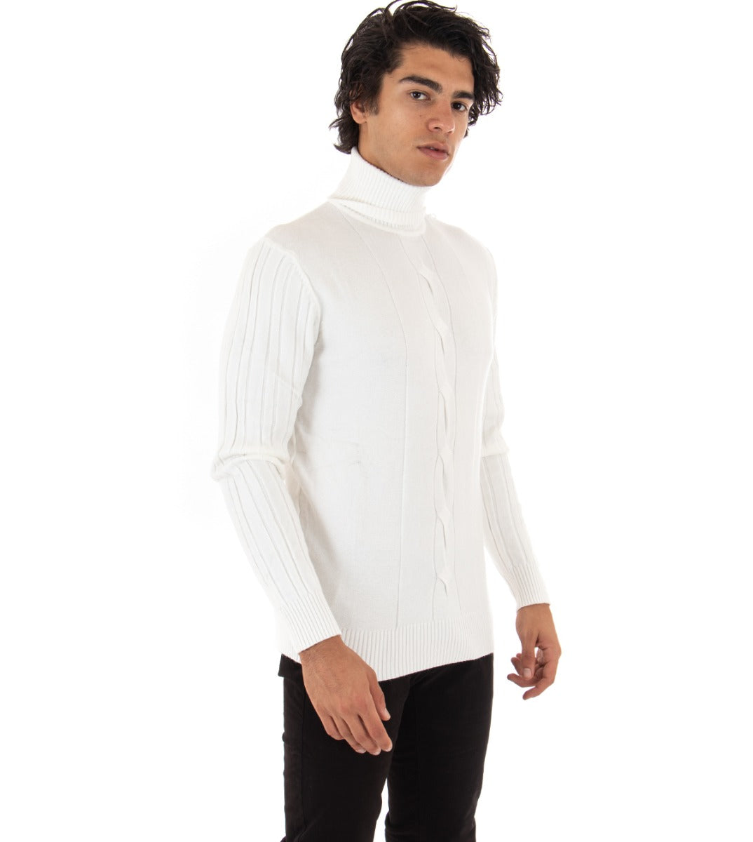 Maglioncino Uomo Maglia Collo Alto Bianco Dolcevita Trecce GIOSAL-M2148A