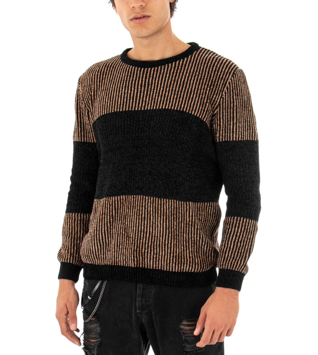 Men's Crew Neck Two-Tone Sweater Black Camel Casual Long Sleeves Striped Pullover GIOSAL