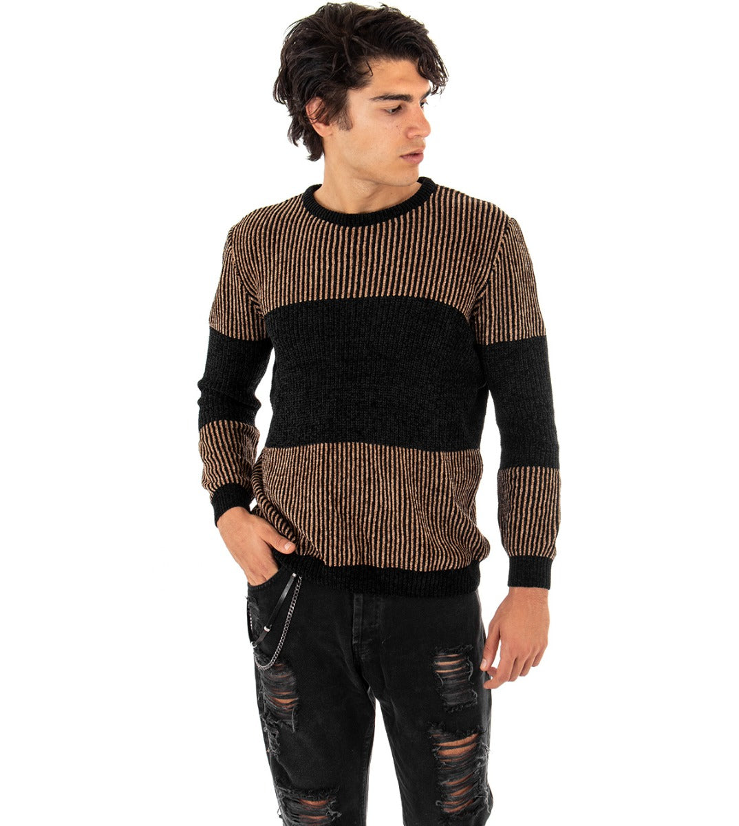 Men's Crew Neck Two-Tone Sweater Black Camel Casual Long Sleeves Striped Pullover GIOSAL