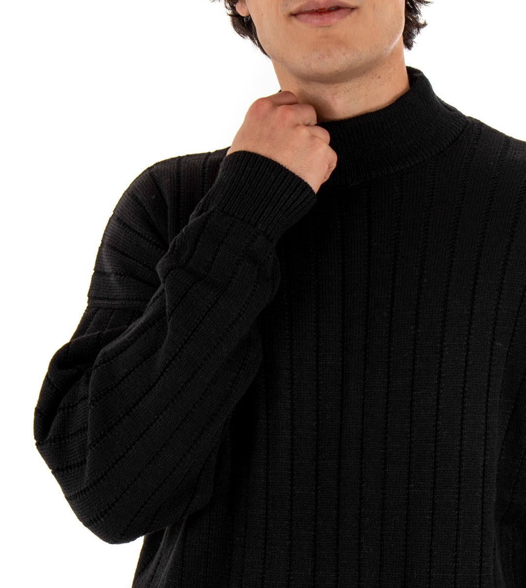 Men's Half-Neck Sweater Solid Black Ribbed Weave Stripes GIOSAL