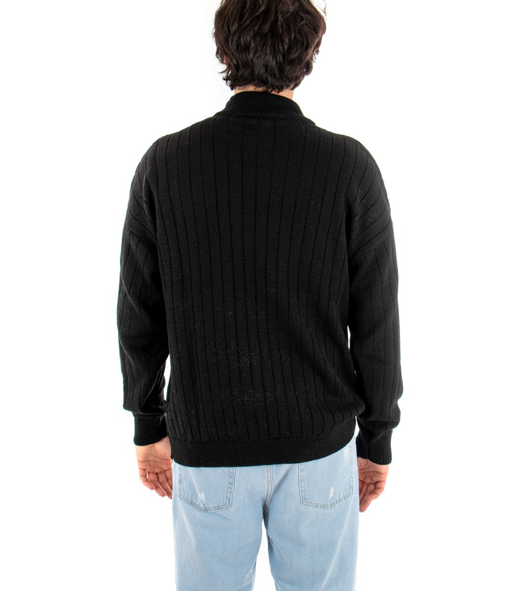 Men's Half-Neck Sweater Solid Black Ribbed Weave Stripes GIOSAL