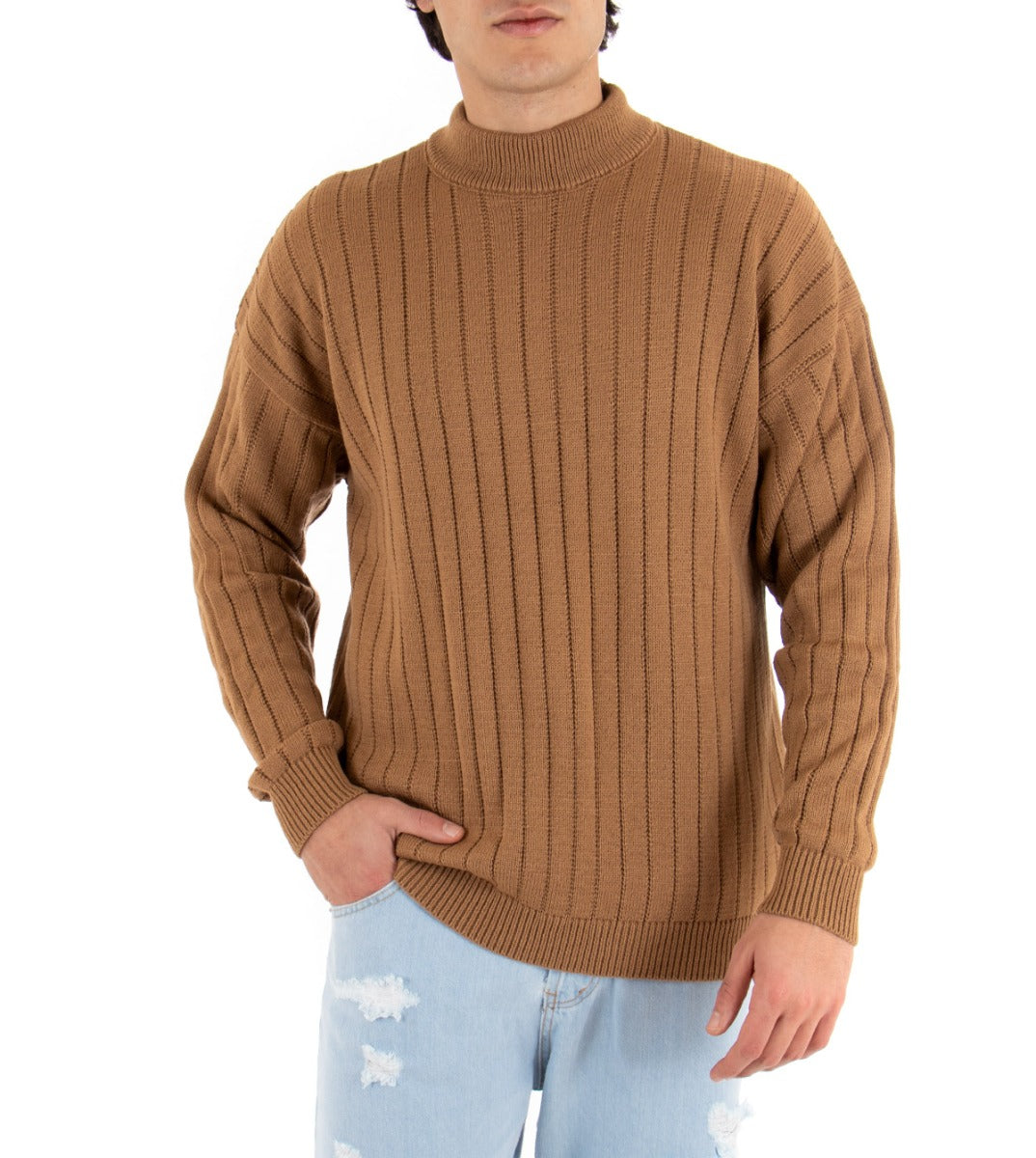 Men's Half-Neck Sweater Solid Color Camel Ribbed Striped Weave GIOSAL-M2170A