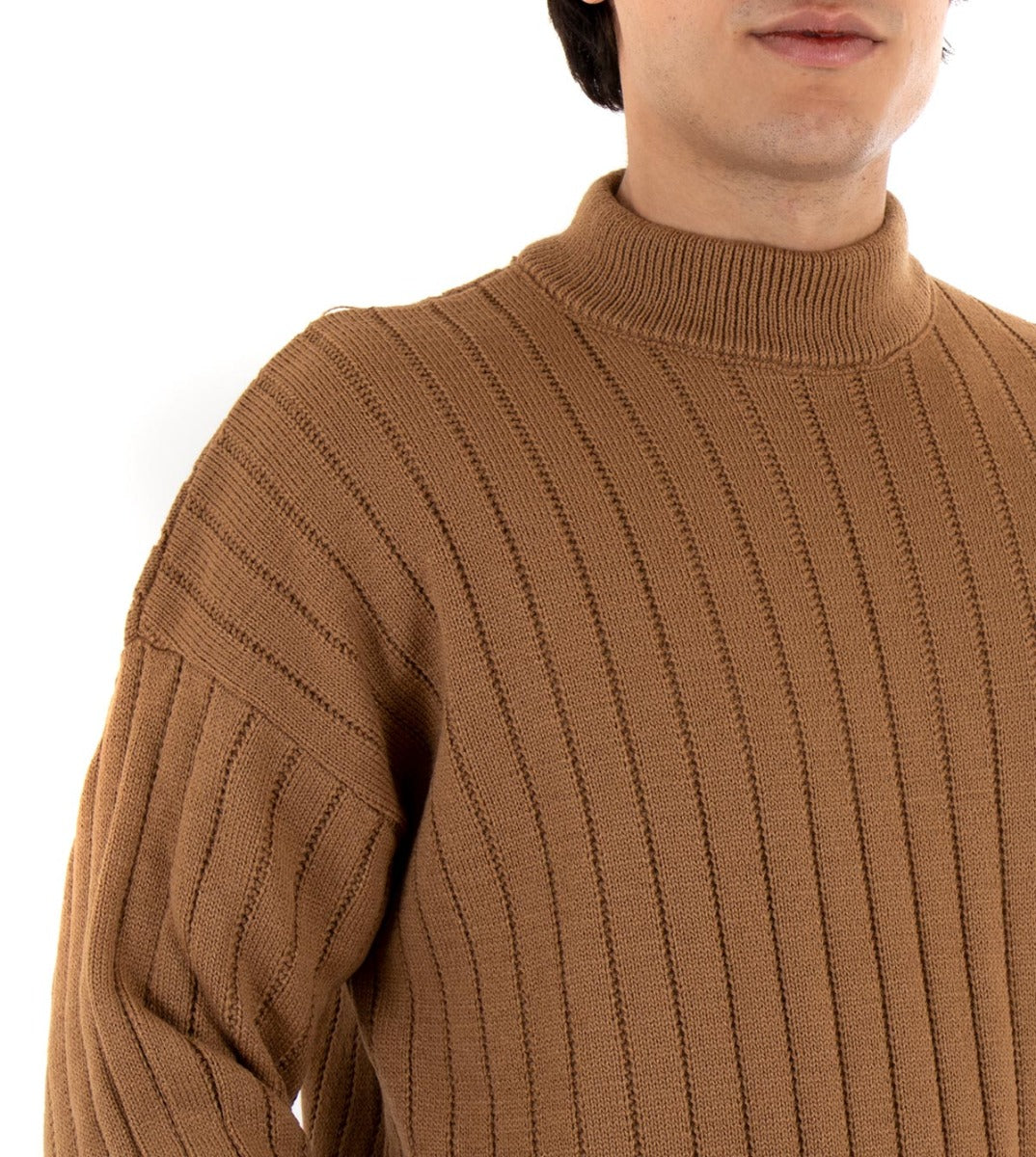 Maglioncino Uomo Mezzo Collo Tinta Unita Camel Costine Righe Maglia Spalla Scesa GIOSAL-M2170A