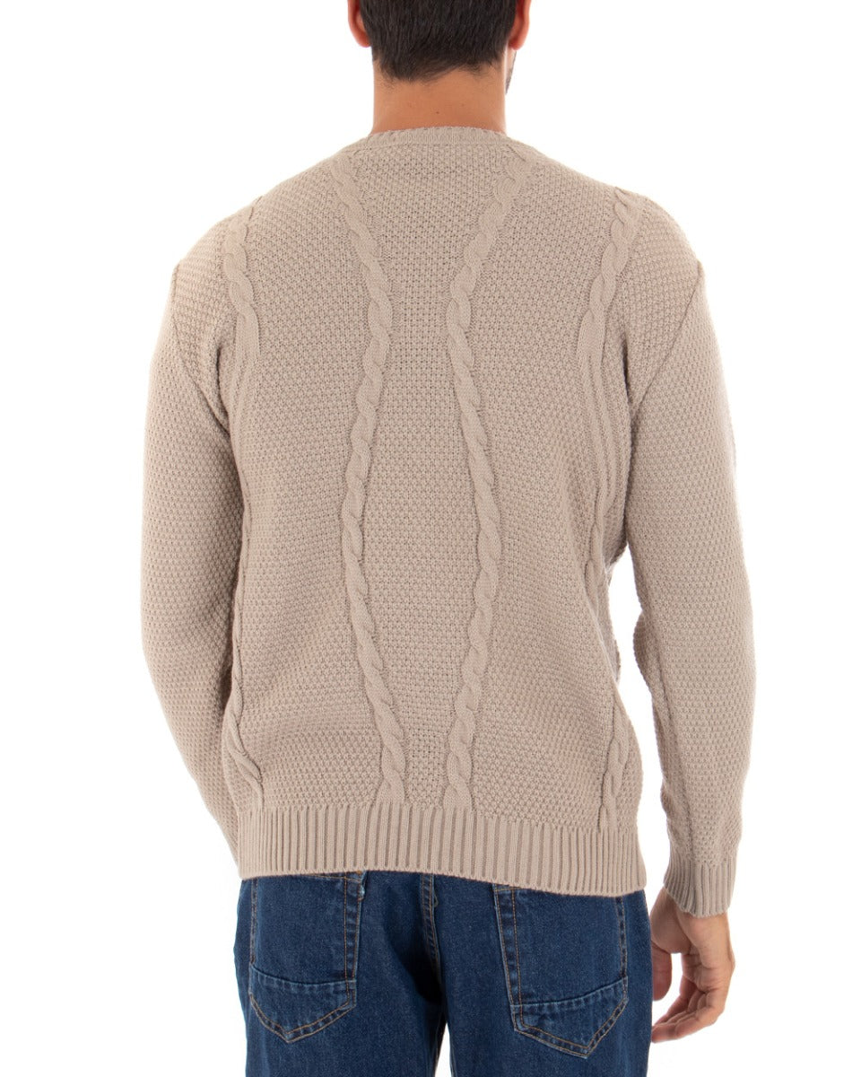 Maglioncino Uomo Girocollo Tinta Unita Beige Maglia Con Trecce GIOSAL-M2255A