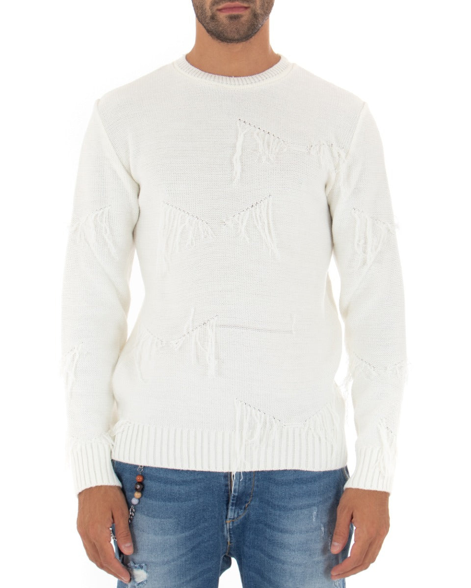 Men's Sweater Long Sleeves Fringed Solid Color White Casual GIOSAL