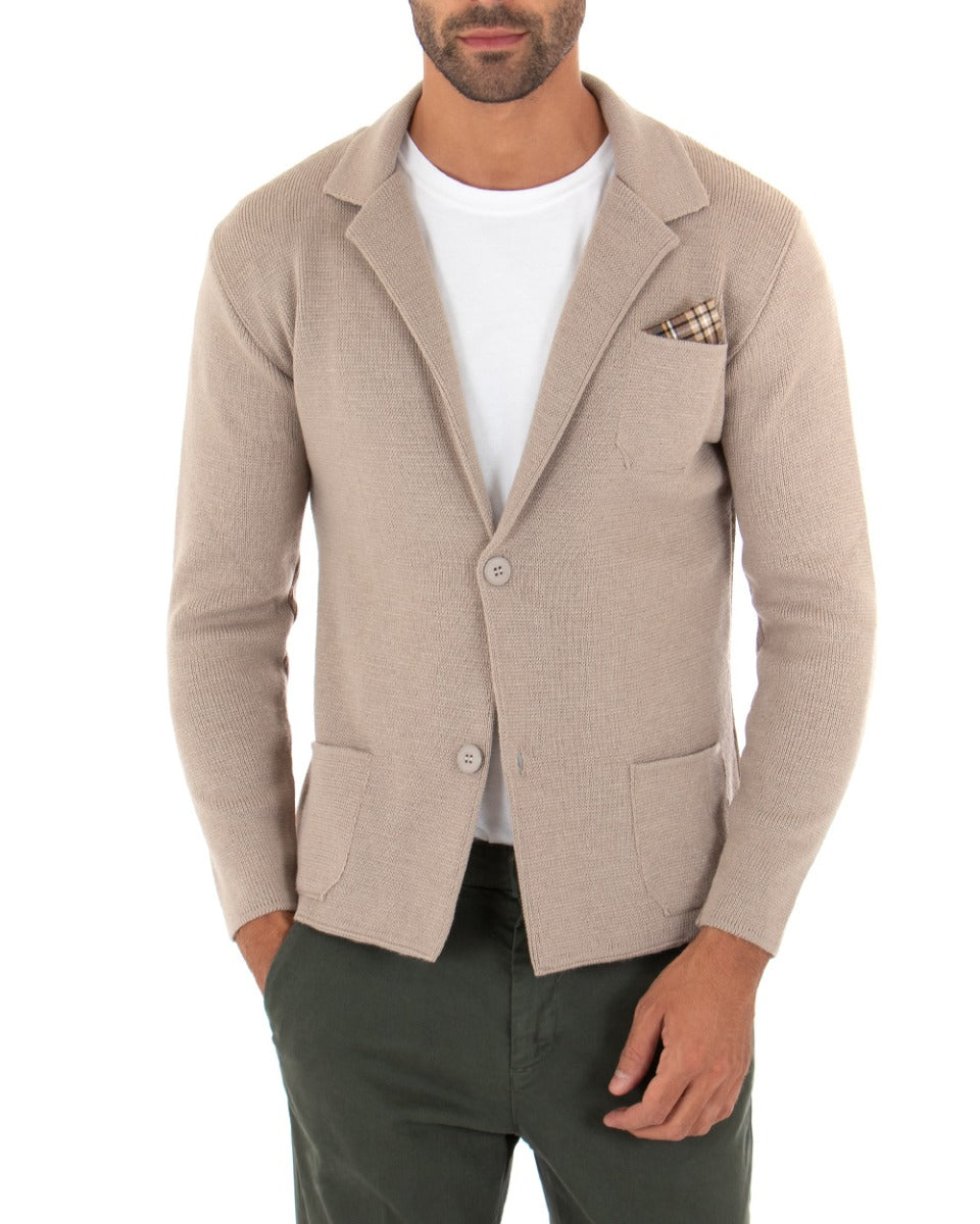 Cardigan Uomo Giacca Con Bottoni Maglia Maglioncino Tinta Unita Beige GIOSAL-M2272A