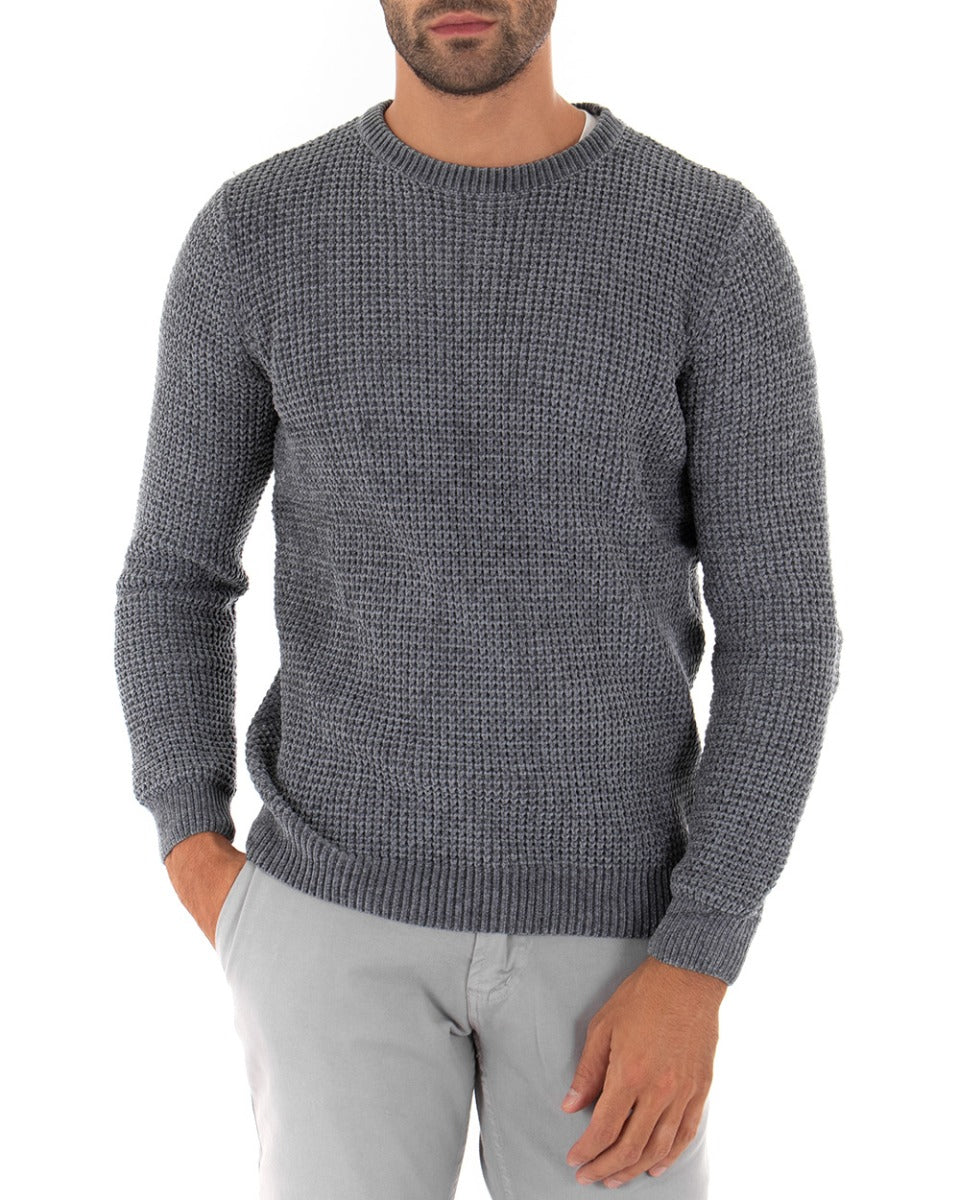 Men's Sweater Long Sleeves Chenille Solid Color Gray Crew Neck GIOSAL