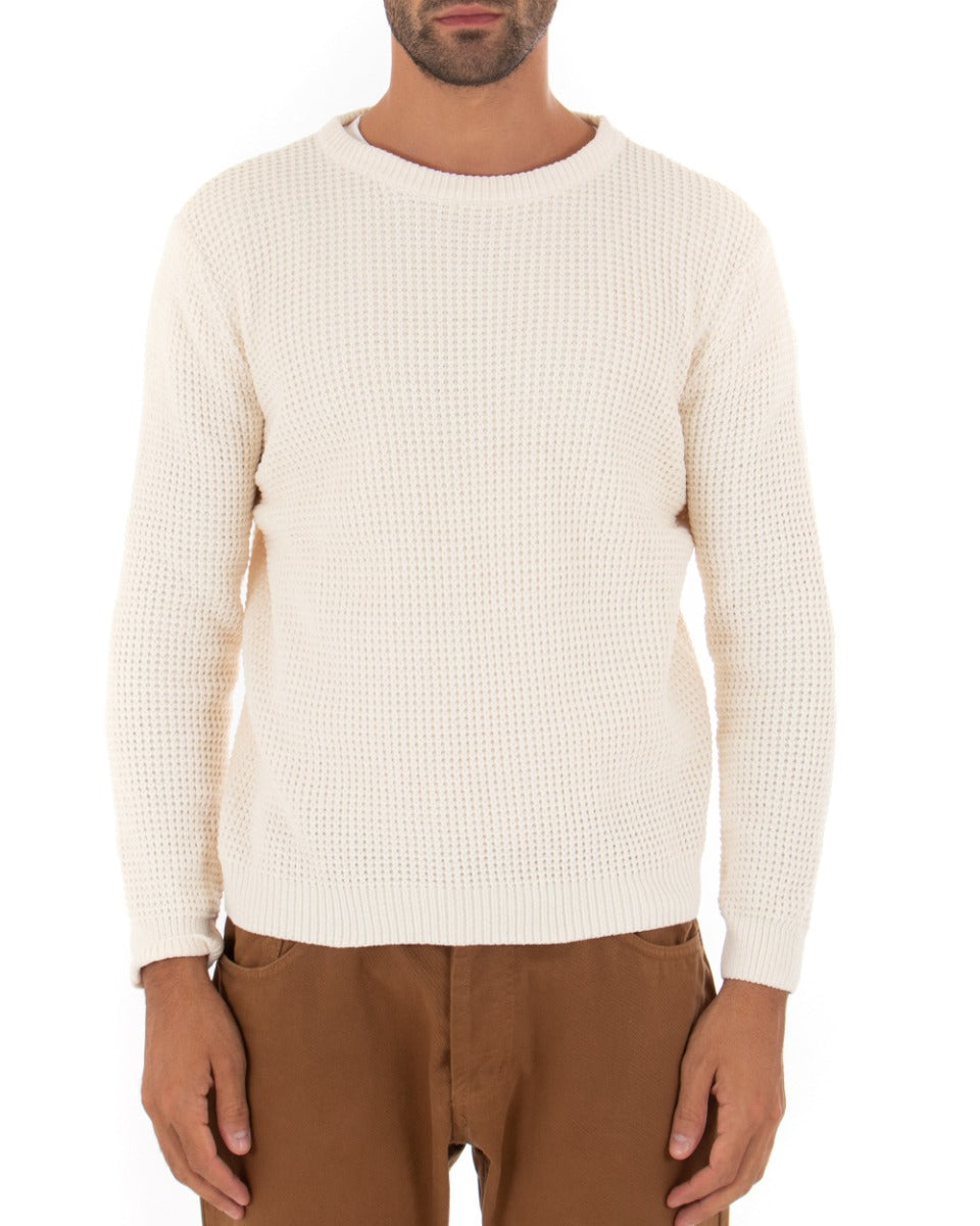 Men's Sweater Long Sleeves Chenille Solid Color Cream Crew Neck GIOSAL