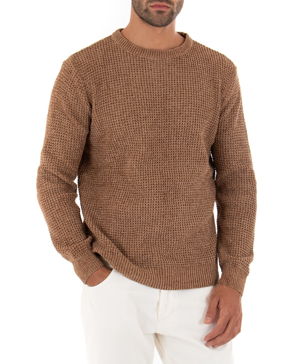 Men's Sweater Long Sleeves Chenille Solid Color Camel Crew Neck GIOSAL