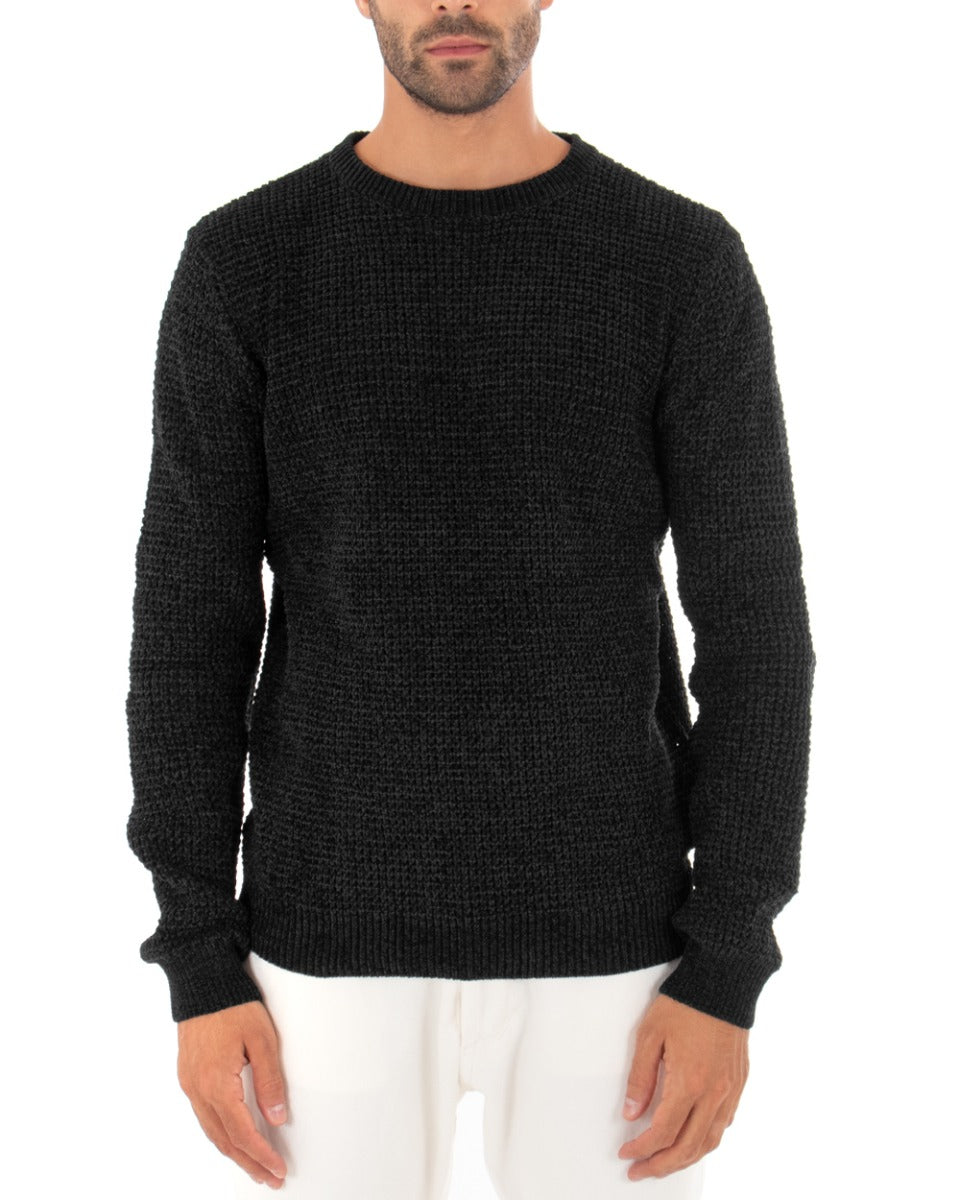 Men's Sweater Long Sleeves Chenille Solid Color Black Crew Neck GIOSAL