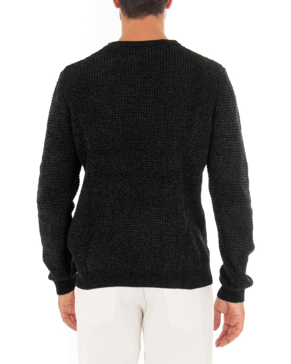 Men's Sweater Long Sleeves Chenille Solid Color Black Crew Neck GIOSAL