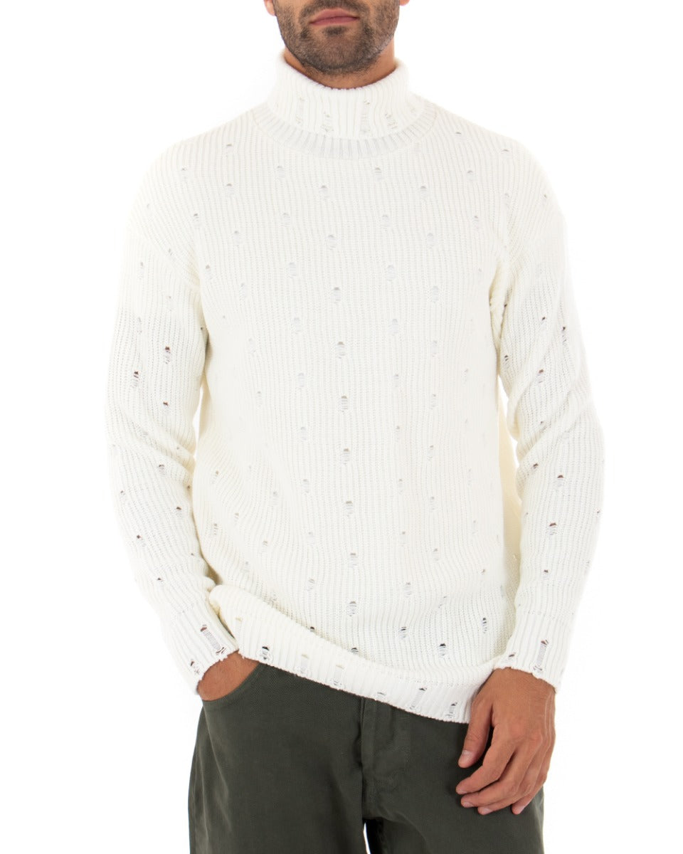 Men's Pullover Sweater Long Sleeves High Neck Solid Color Perforated Hole White GIOSAL