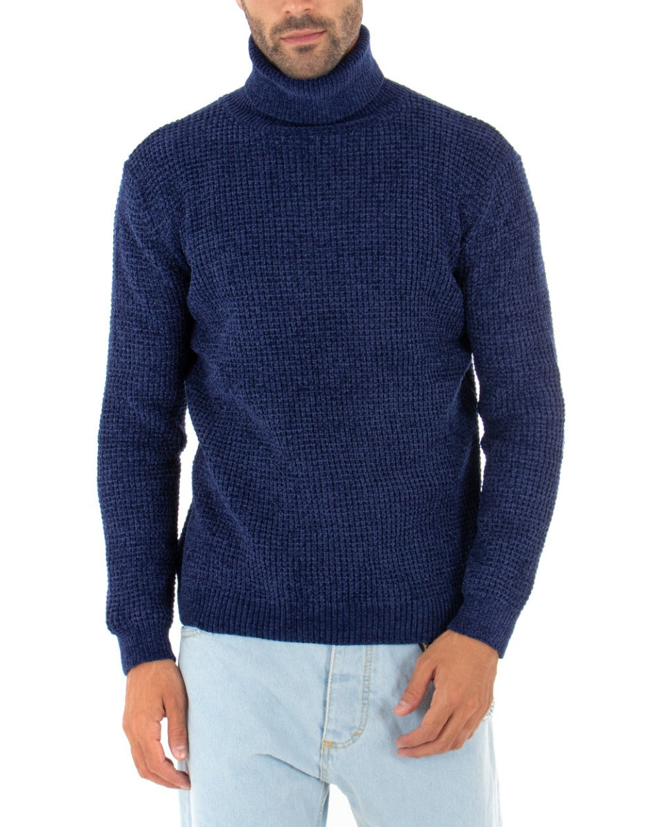 Men's Sweater Long Sleeves Chenille Plain Blue High Neck GIOSAL