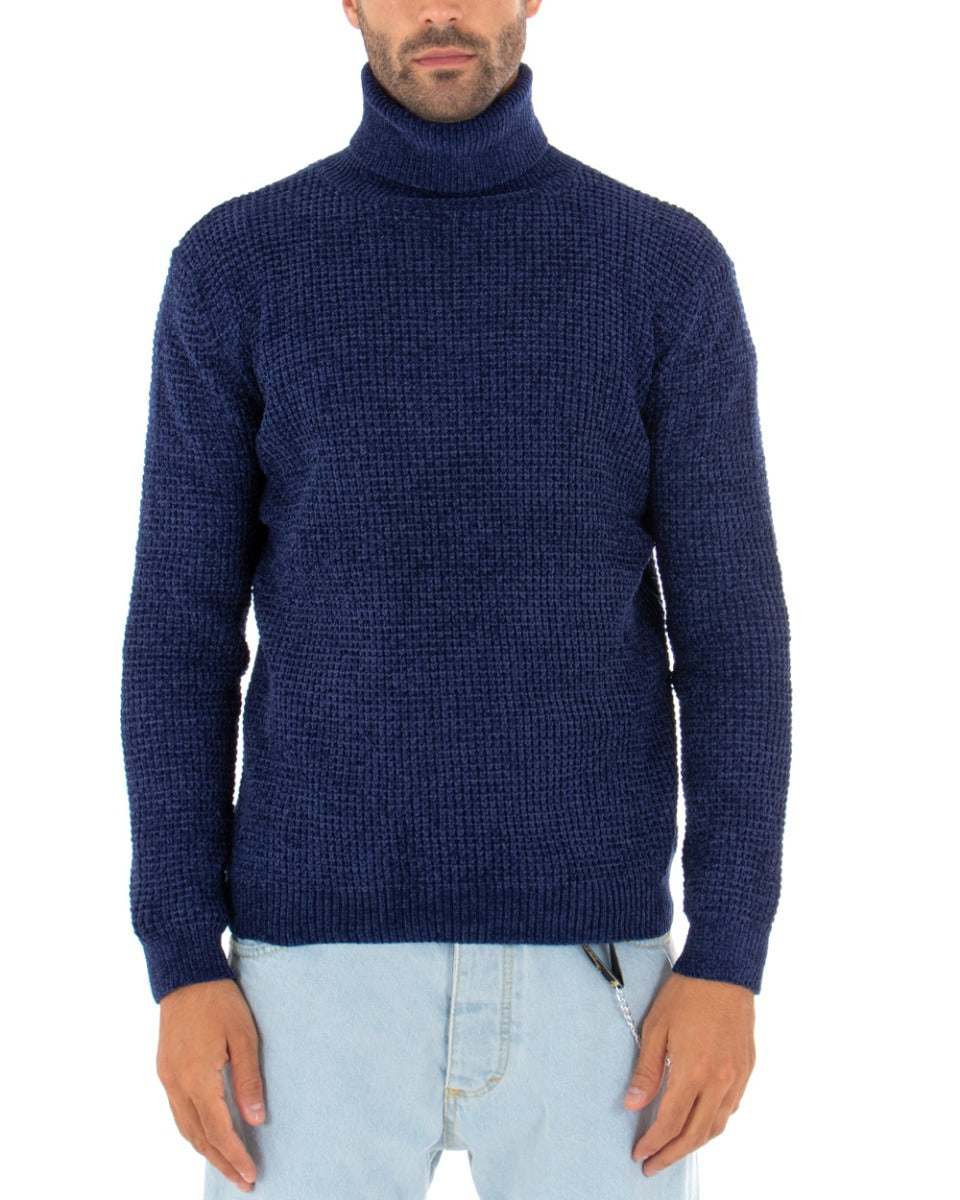 Men's Sweater Long Sleeves Chenille Plain Blue High Neck GIOSAL