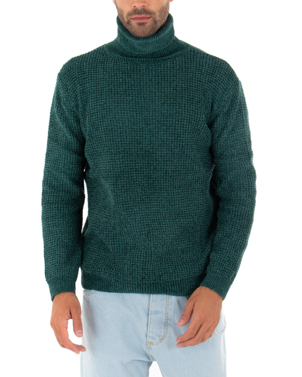 Men's Long Sleeved Chenille Sweater Solid Color Petrol High Neck GIOSAL