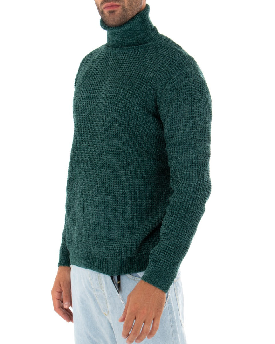 Men's Long Sleeved Chenille Sweater Solid Color Petrol High Neck GIOSAL