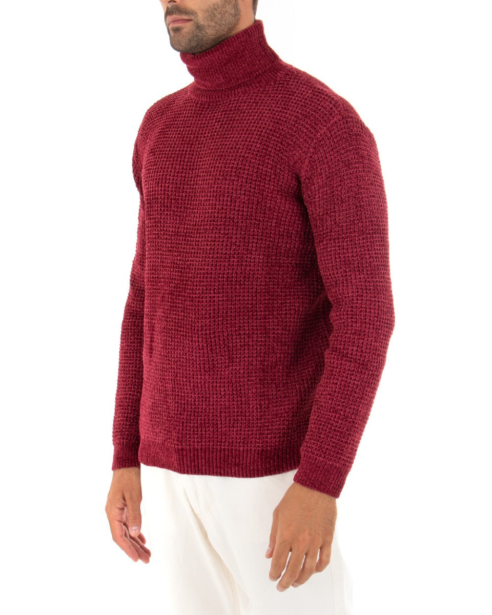 Men's Sweater Long Sleeves Chenille Solid Color Burgundy High Neck GIOSAL