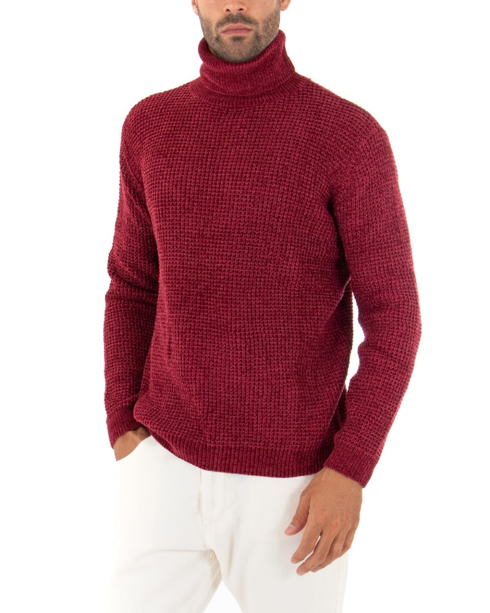 Men's Sweater Long Sleeves Chenille Solid Color Burgundy High Neck GIOSAL